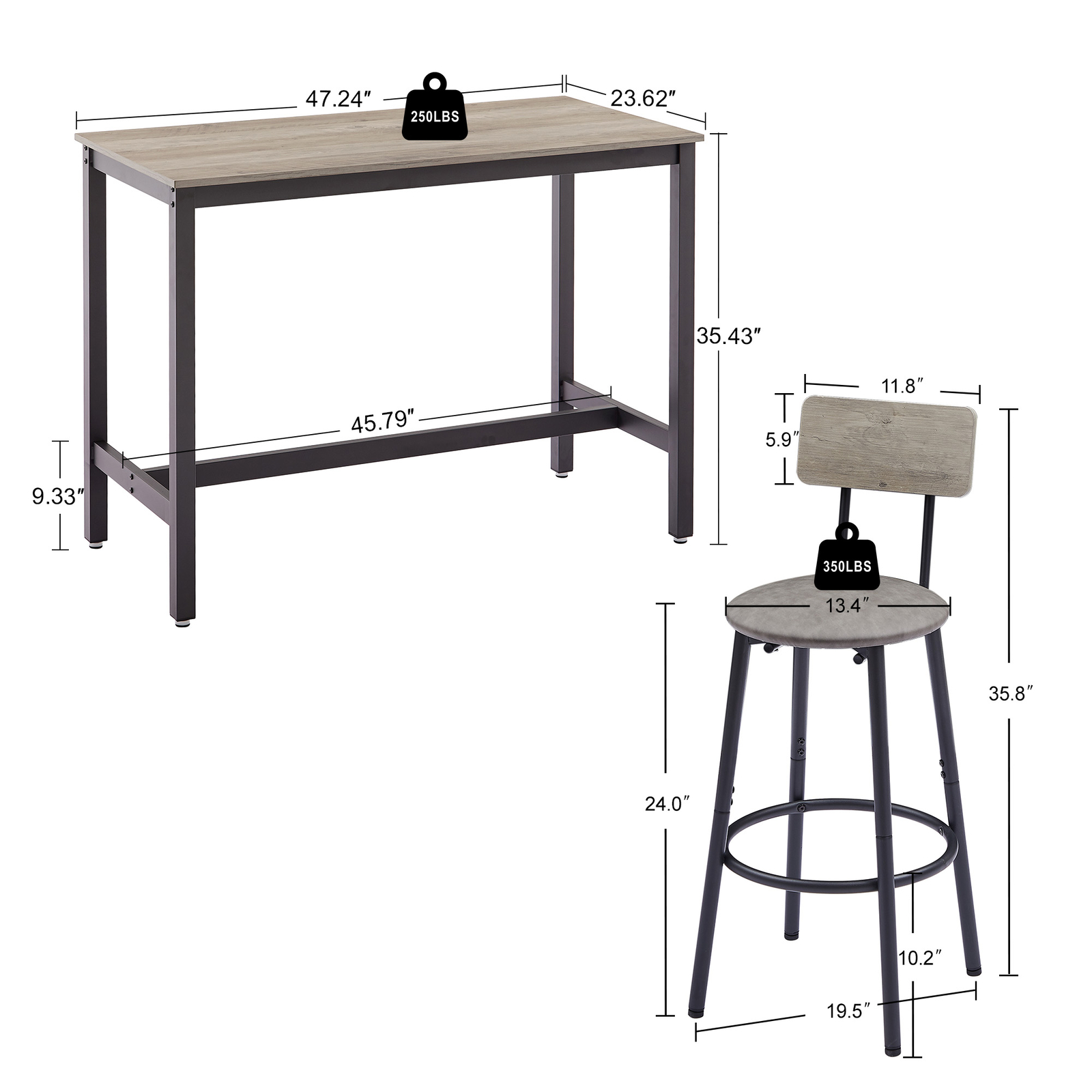 5 Piece Dining Table and Bar Stools Set Pub Table Kitchen 4x PU Bar Chairs Gray