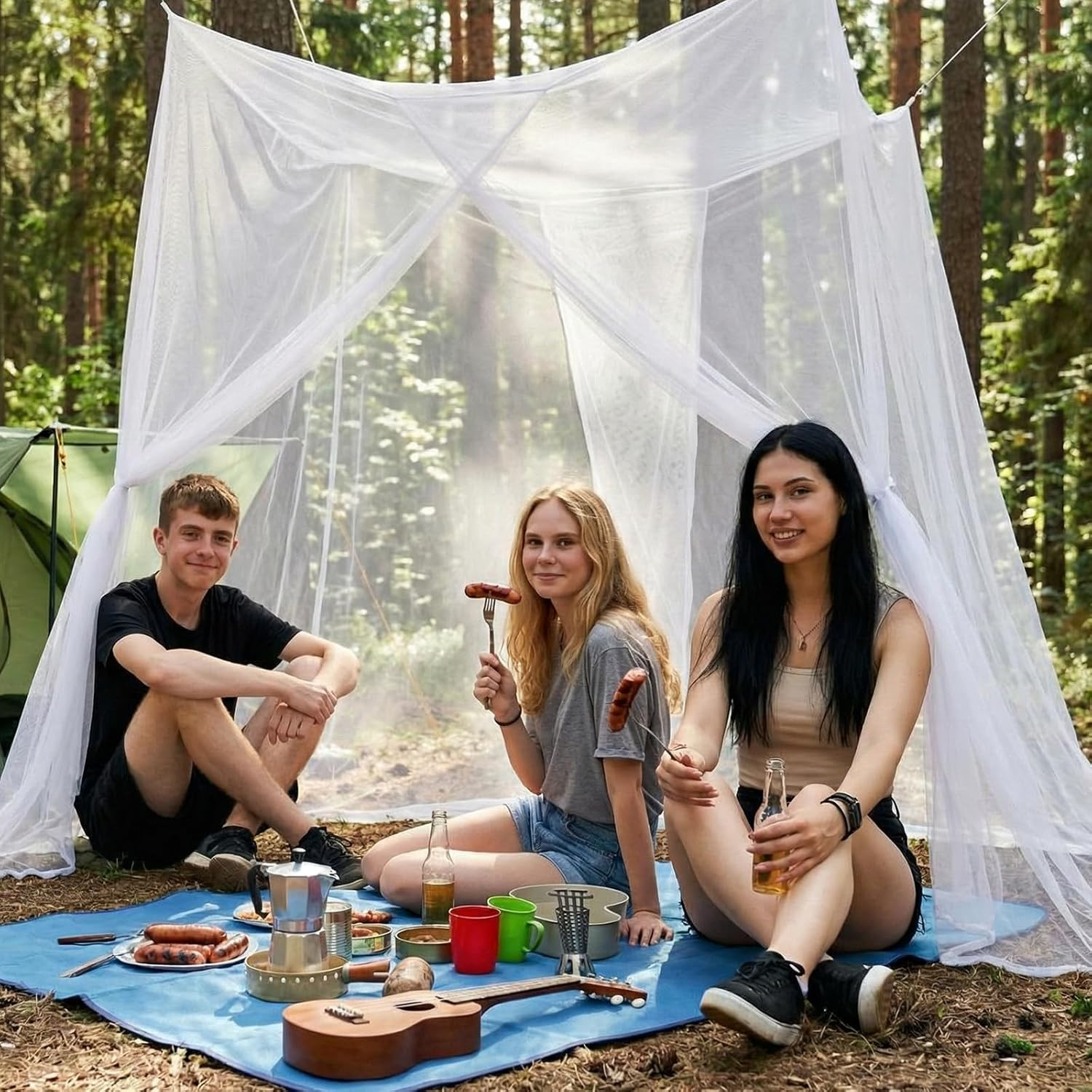 Bed Mosquito Net Rectangular Canopy Drapes with Hook Nylon Rope for Single Twin