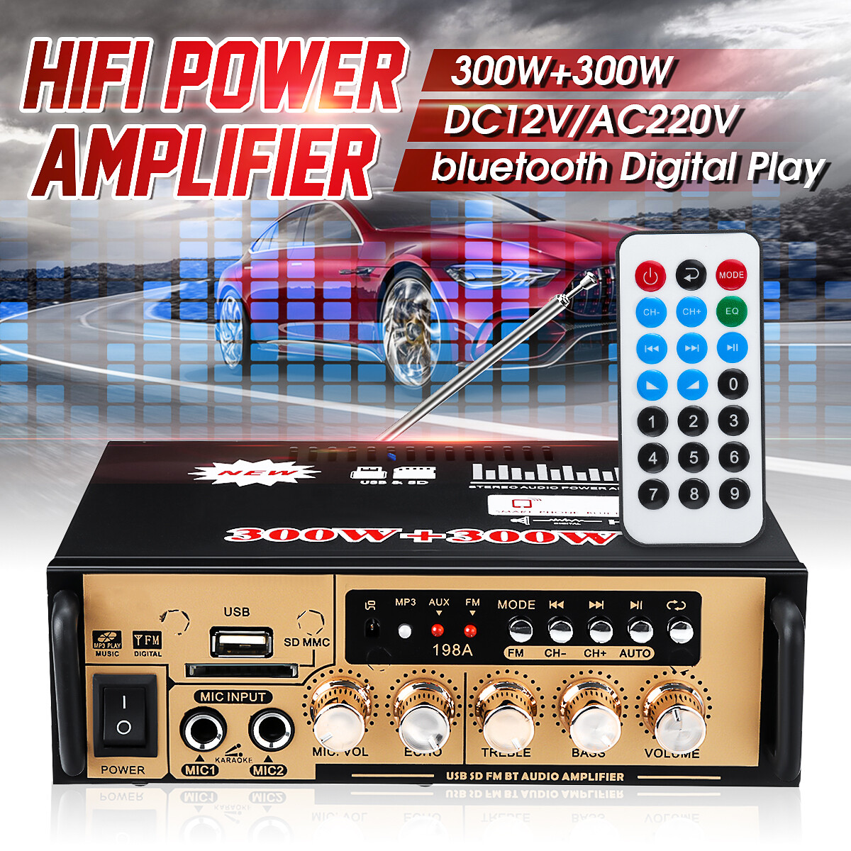 300W+300W Stereo Power Amplifier Amp HIFI Audio Radio 2CH USB AUX FM BT Car Home