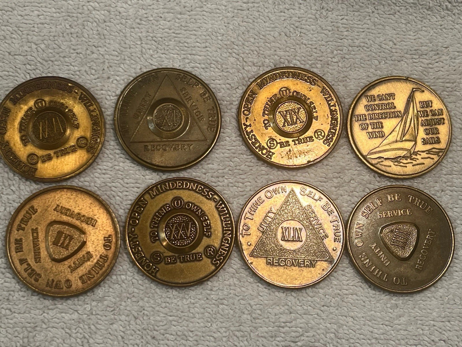 8 Different Alcoholics Anonymous Bronze/Brass Medallion Coins or  Tokens