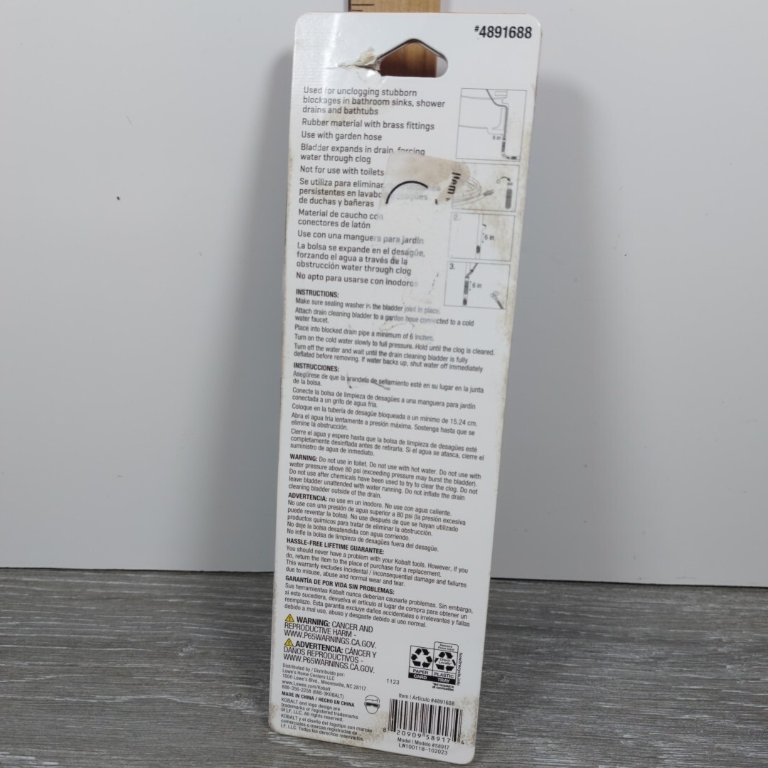 Kobalt Small Drain Bladder. 4891687 Open Package