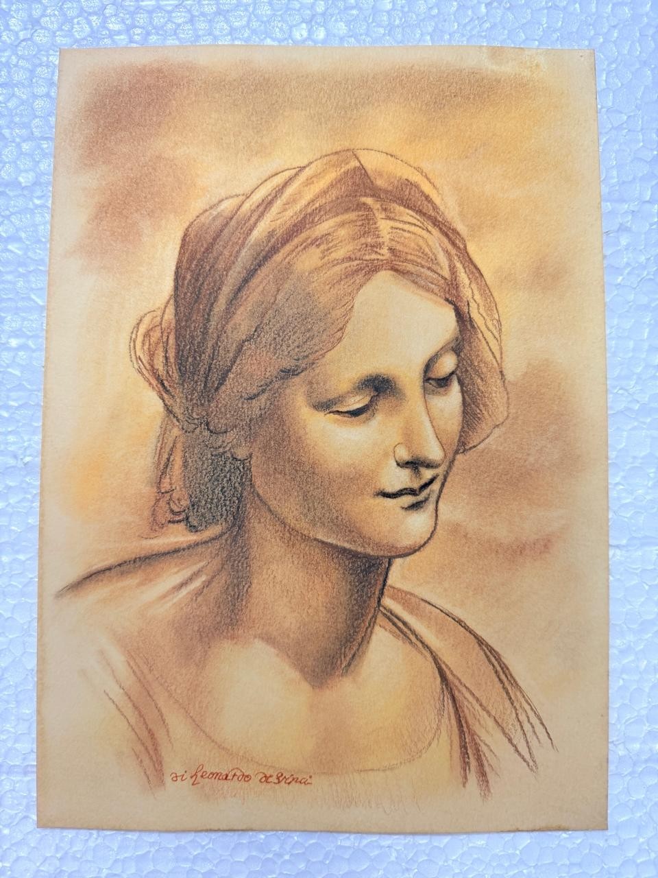 Leonardo da vinci (Handmade) Mixed Media Paper Drawing Antique Signed and Stampe