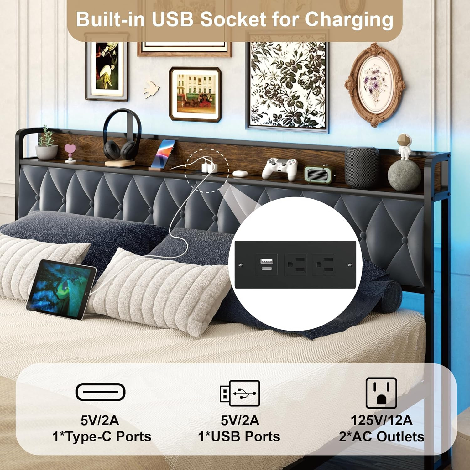 King Size Metal Bed Frame with Storage Drawers, LED Light & Charging Station