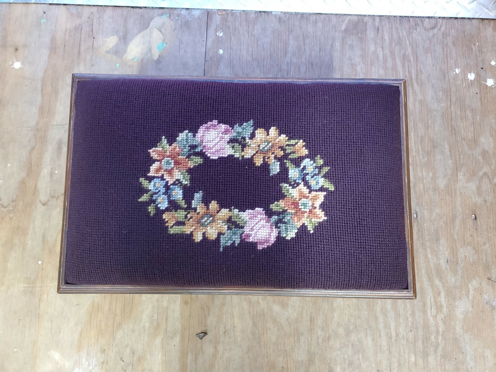 Vintage Handmade Needlepoint Wooden Foot Stool Bench