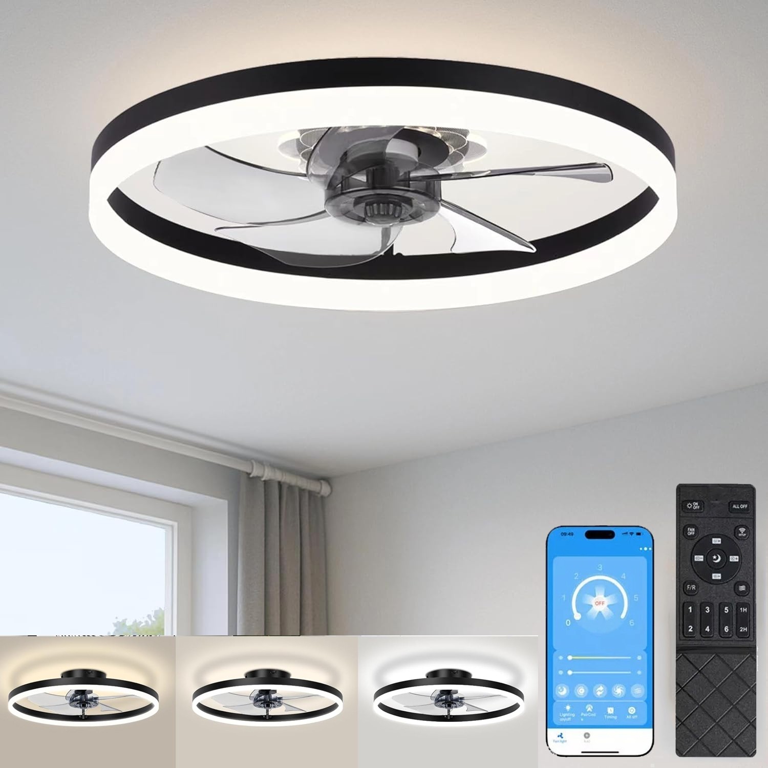 20" Modern Fan Lights Flush Mount LED Ceiling Light kit With Remote APP Control