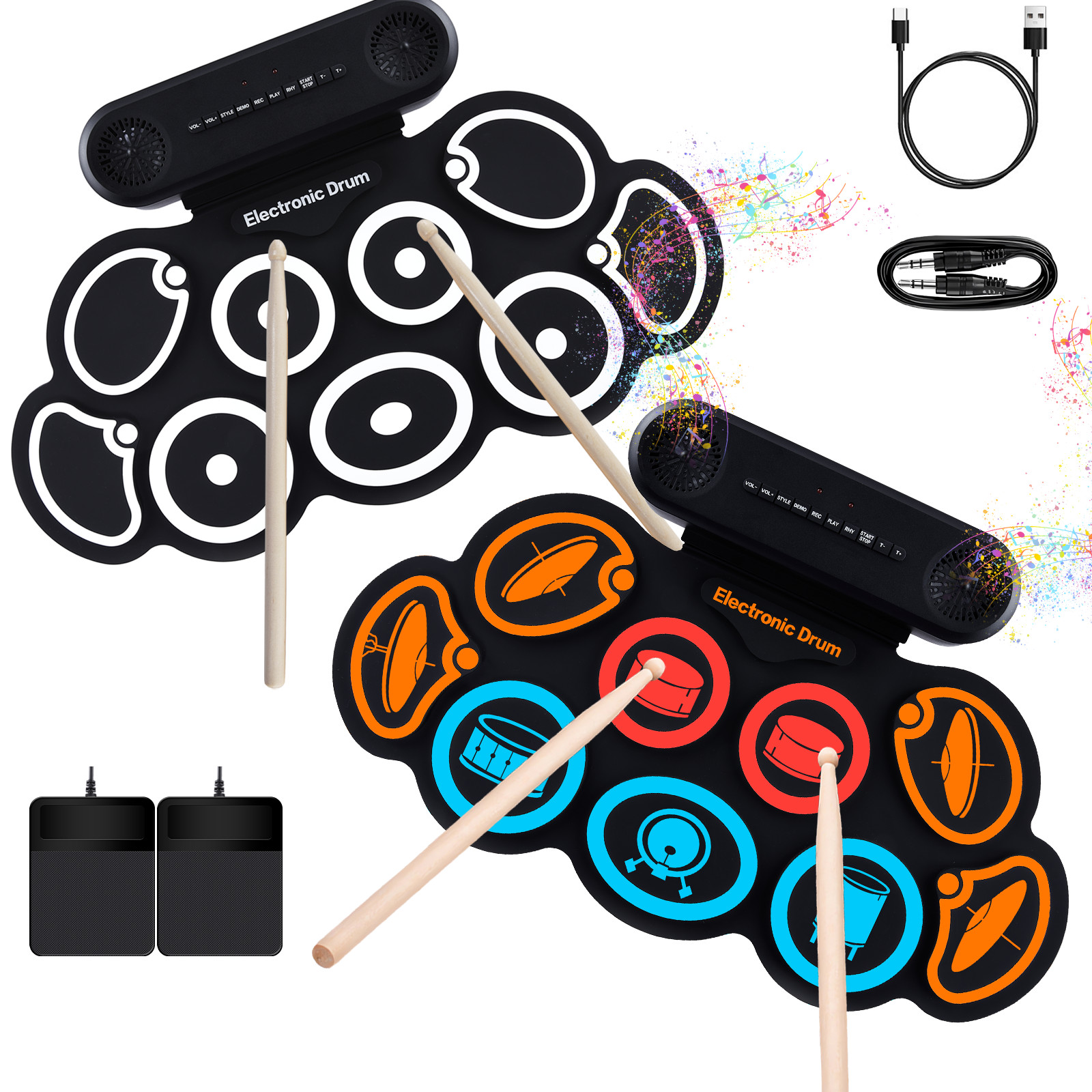 9-Pad Roll Up Electric Drum Set Colorful Electronic Drum Pad With Foot Pedal USA