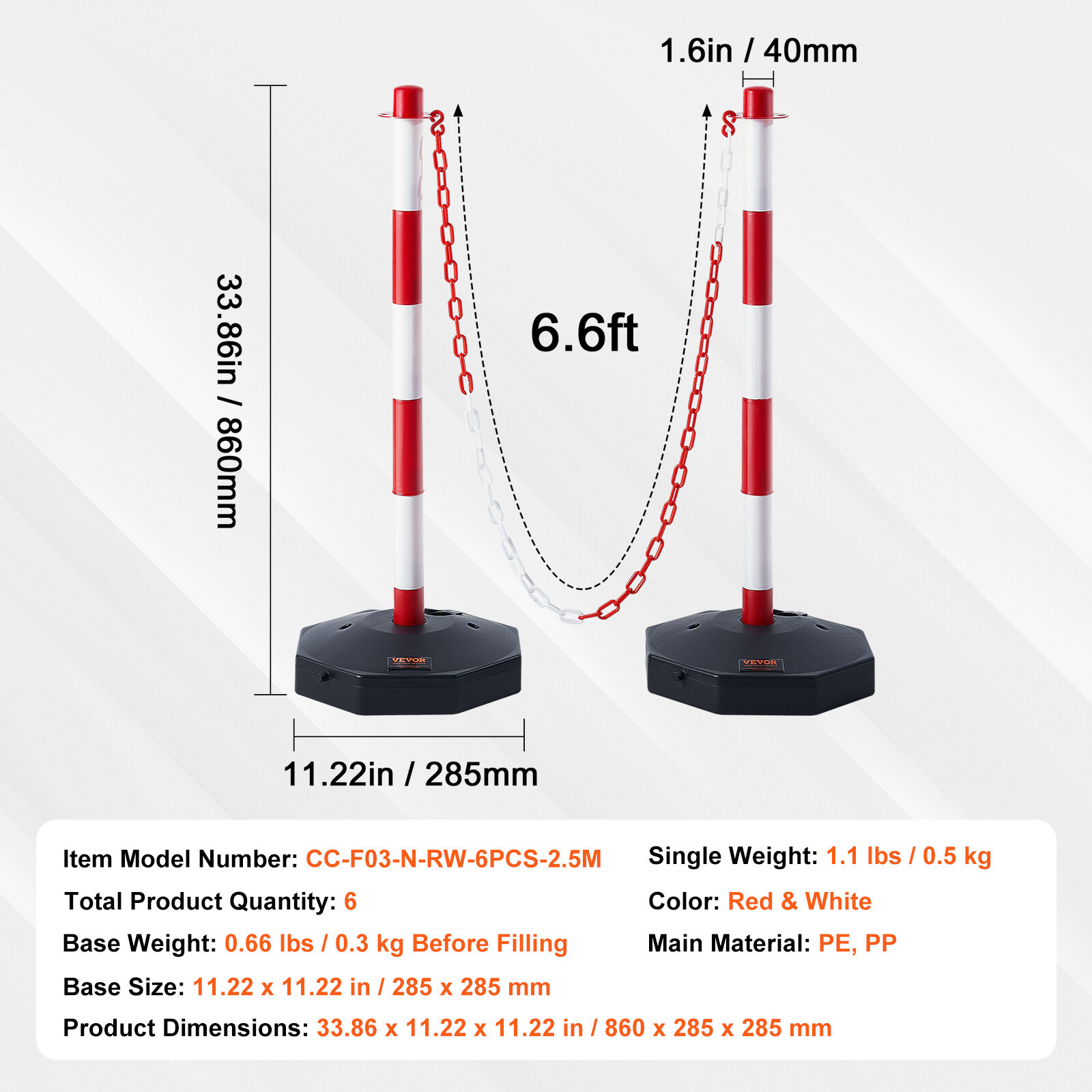 VEVOR 6PCs Traffic Delineator Post Cones with Fillable Base 6.6 FT Chain