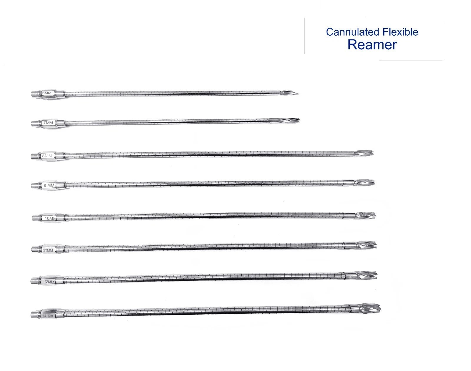 Orthopedic Cannulated Flexible Reamer 6mm to 13mm Lot of 8pcs