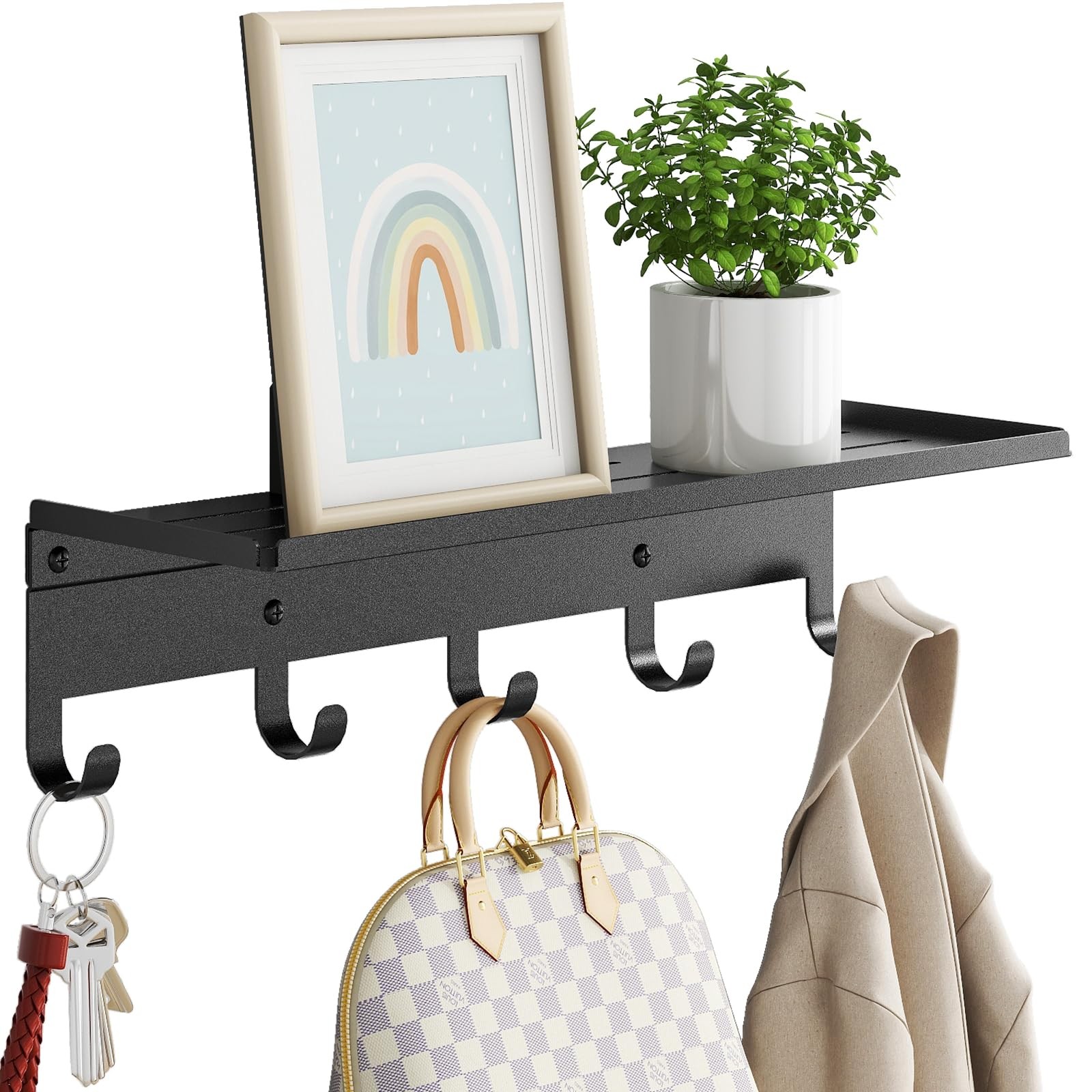 Bethom Wall Shelf with 5 Hooks, 17 Inch Coat Rack Mounted, 17 IN, Black