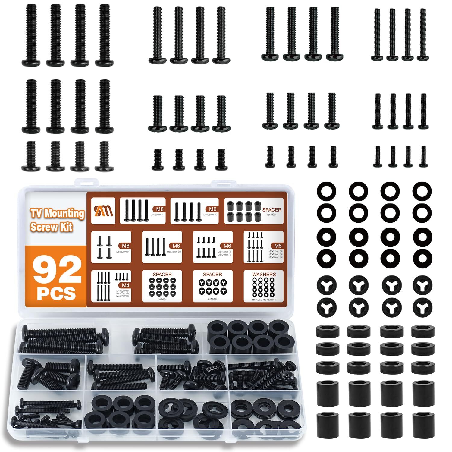 92PCS Universal TV Mounting Hardware Screw Kit Set - M4 M5 M6 M8 Screws