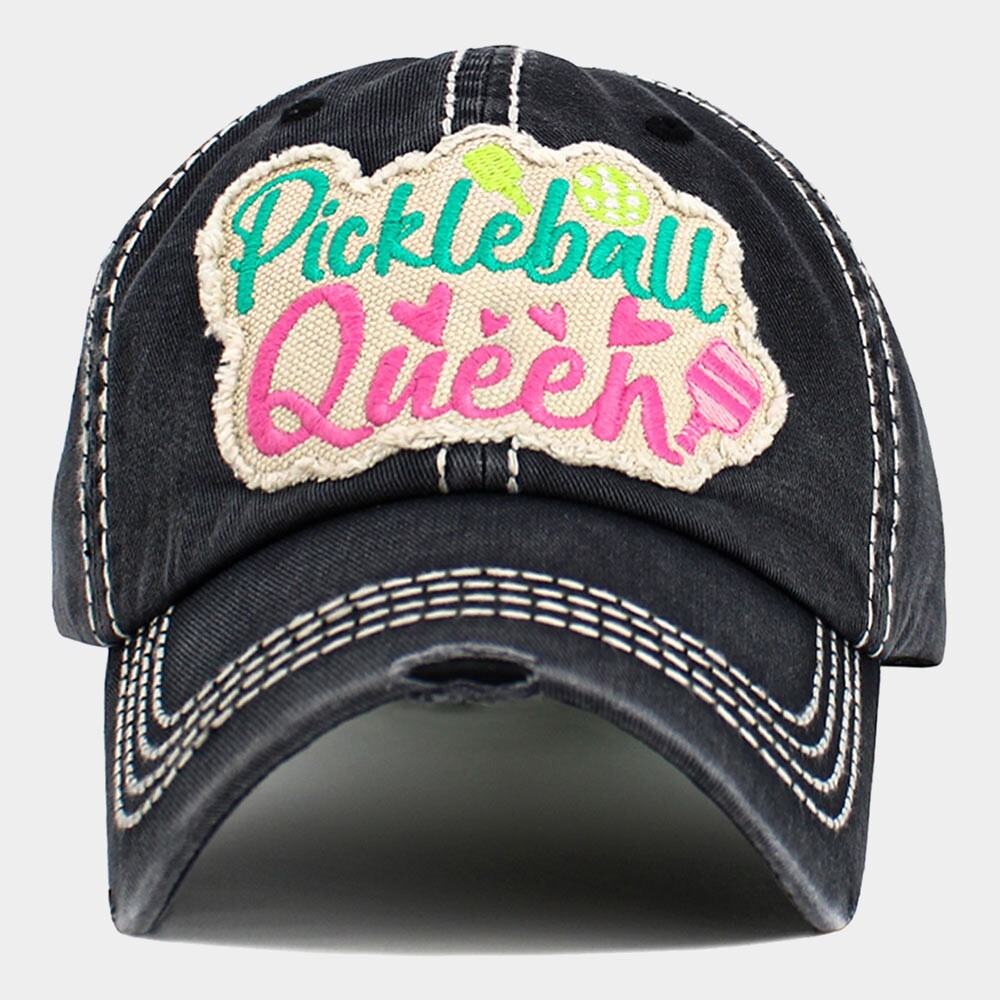 NEW W TAGS WOMEN'S BLACK  PICKLEBALL QUEEN CAP HAT BASEBALL DISTRESS KBETHOS
