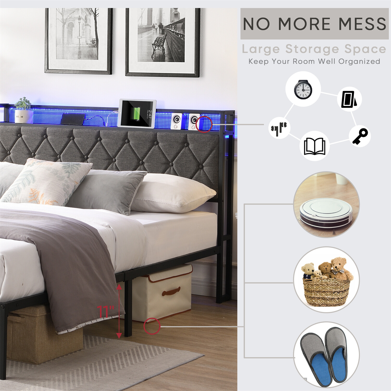Full Size LED Bed Frame w/ Headboard and USB Port Upholstered Platform Bed Frame