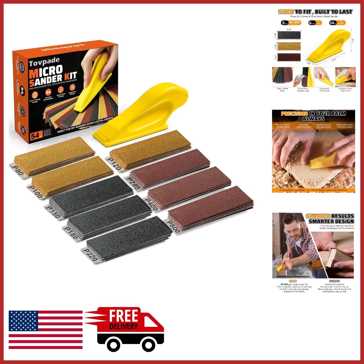 Compact Detail Sander Block with 54 Sandpapers for Wood & Furniture Projects