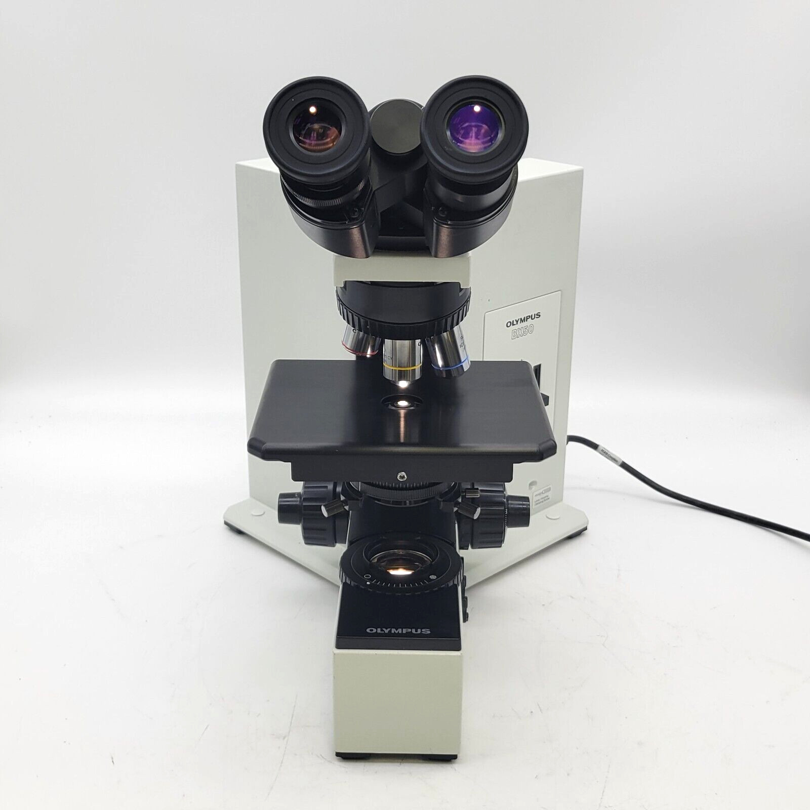 Olympus Microscope BX50 w. Binocular Head, Fixed Stage & 4x, 10x, 40x Objectives