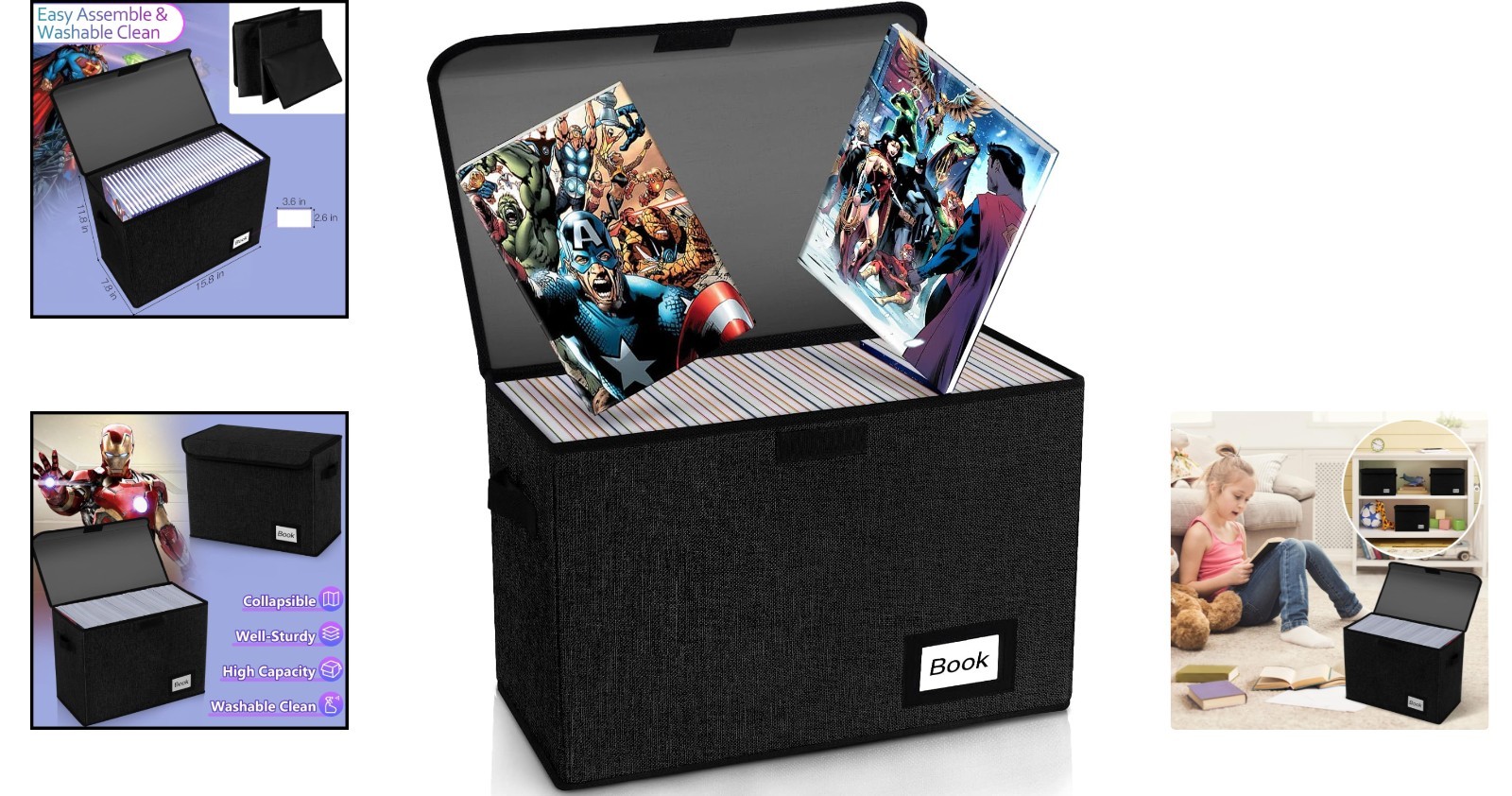 Eco-Friendly Black Comic Book Box 15.8" x 7.8" x 11.8" - Collapsible & Stylish
