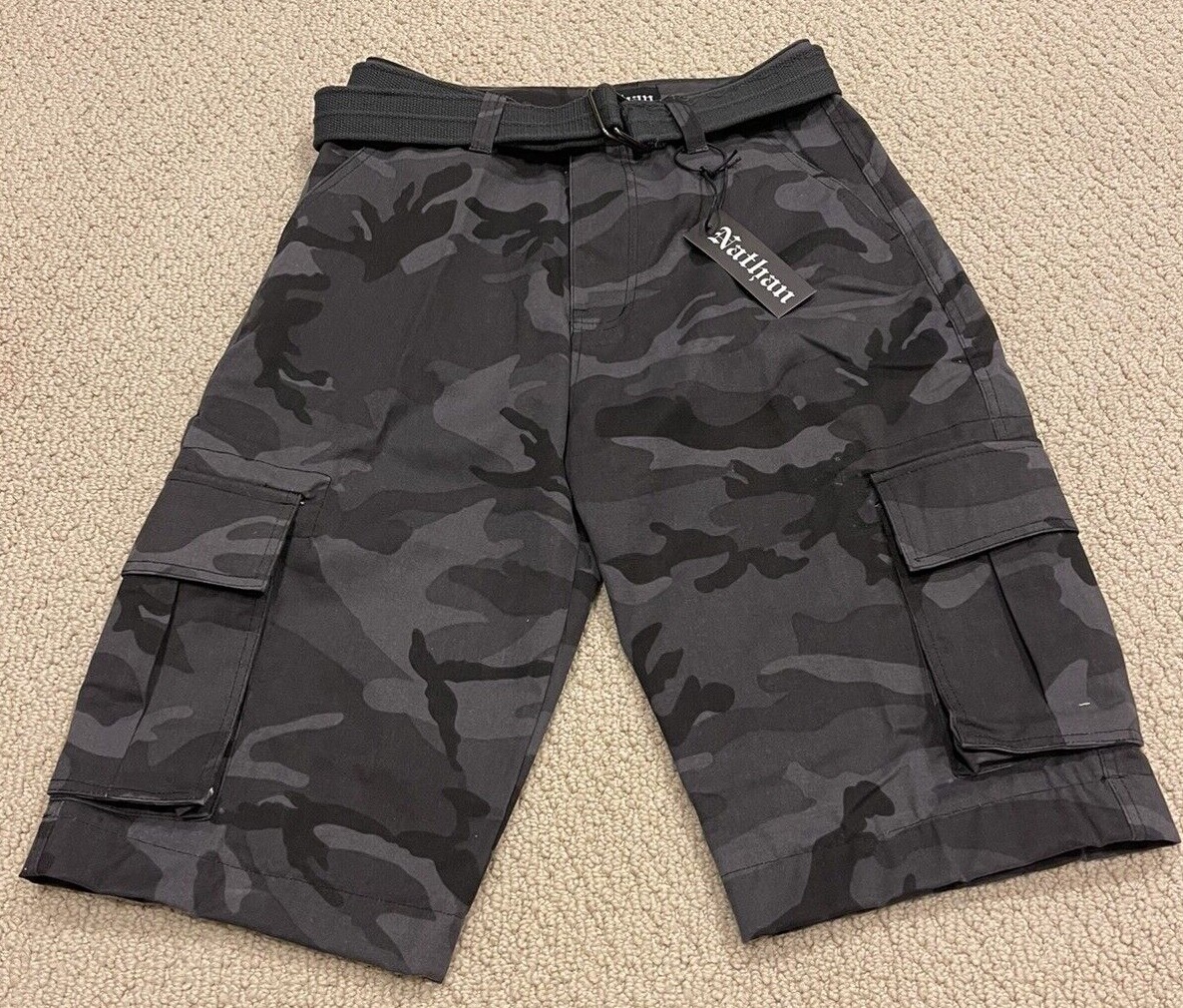 NWT Men’s Nathan Black Grey Camouflage Camo Belted Cargo Pocket Shorts ALL SIZES