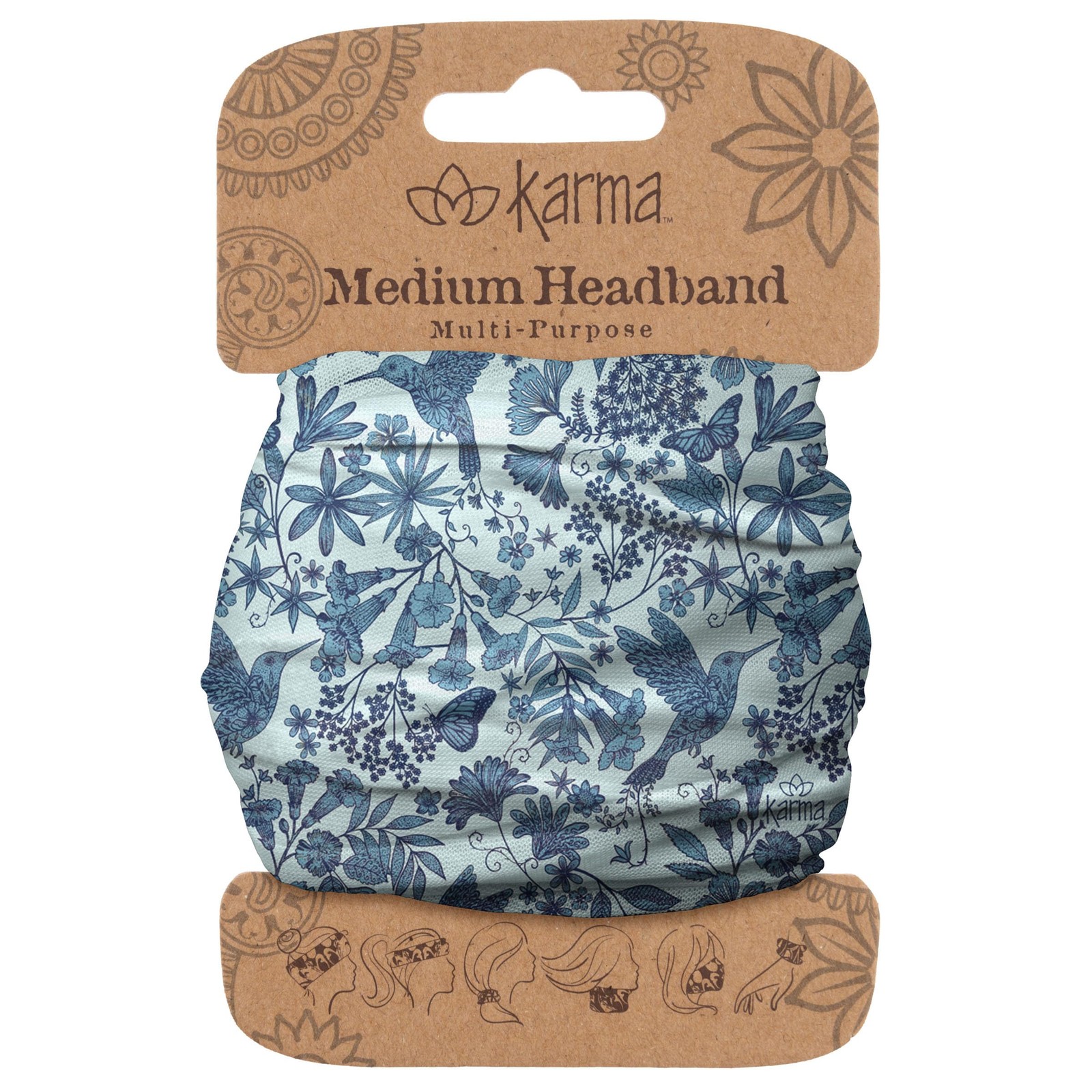 Karma Hummingbird Headband for Women, Medium –Fabric & Stretchy Hair Scarf, Blue