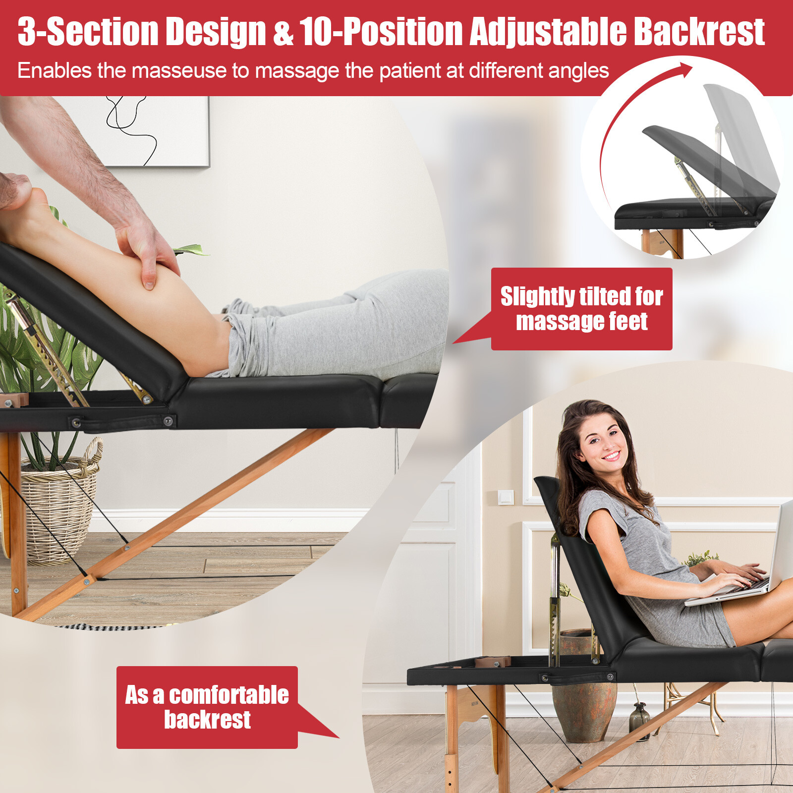 Costway Portable Massage Table 3 Fold 84"L Adjustable Spa Bed w/Carry Case Black
