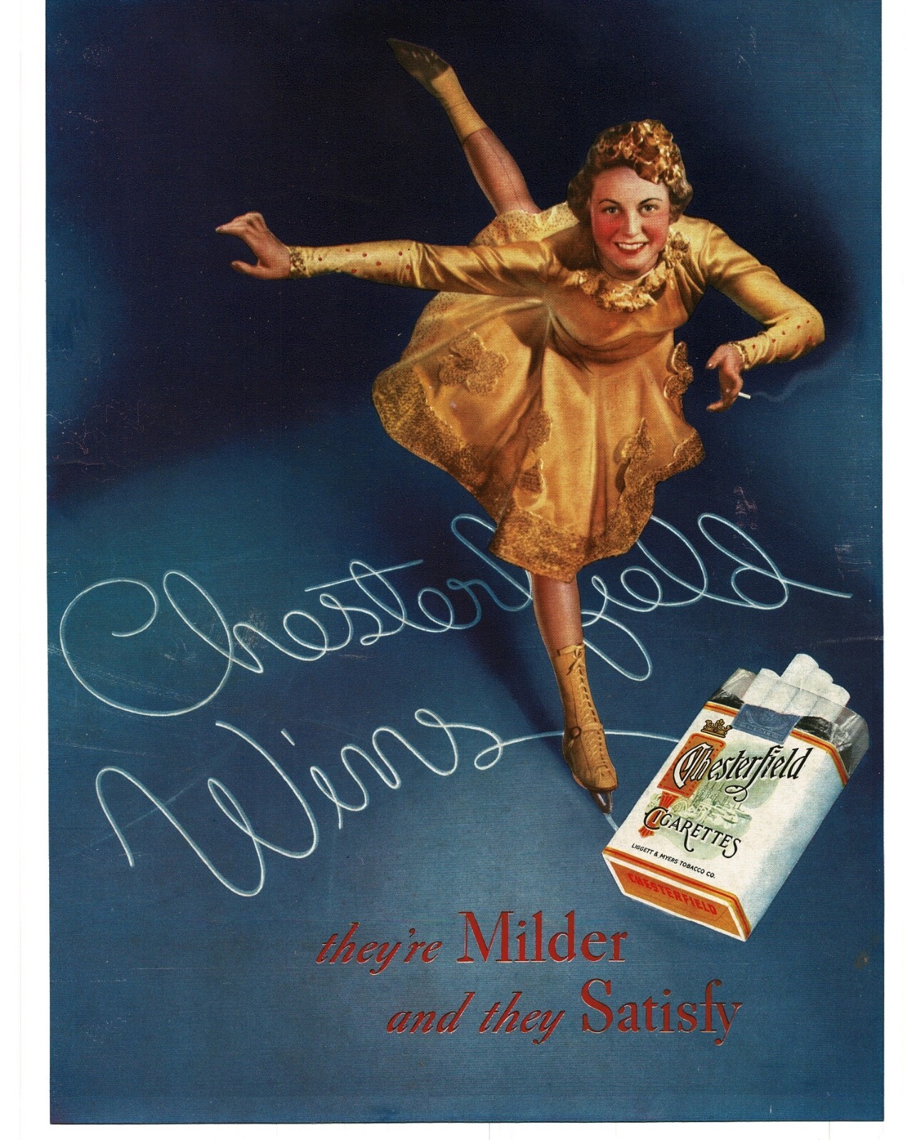 1937 Chesterfield Cigarettes Wins Woman Ice Figure Skater smoking Vintage Ad