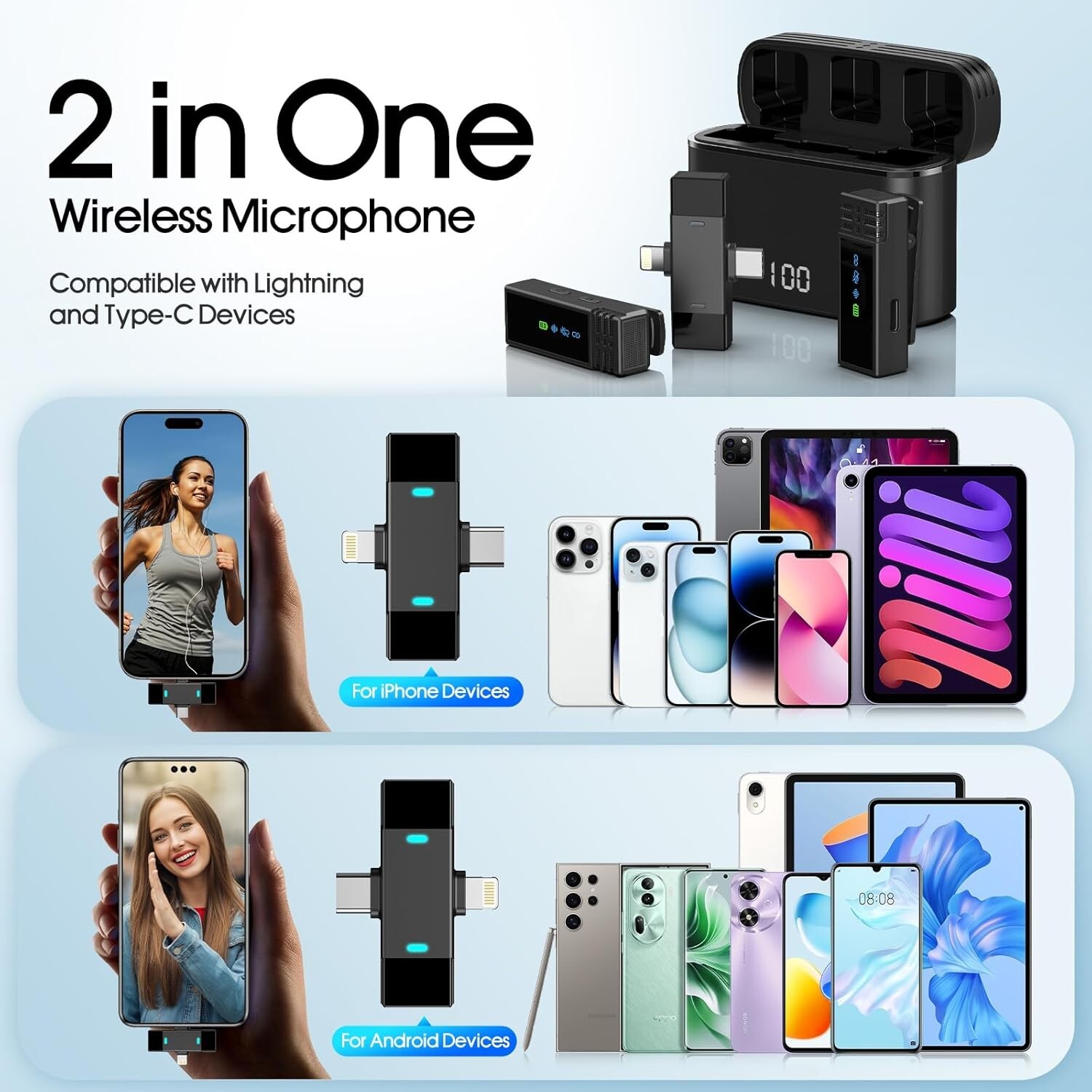 2 Pack Wireless Lavalier Microphone for iPhone iPad Android, Active Noise Reduct