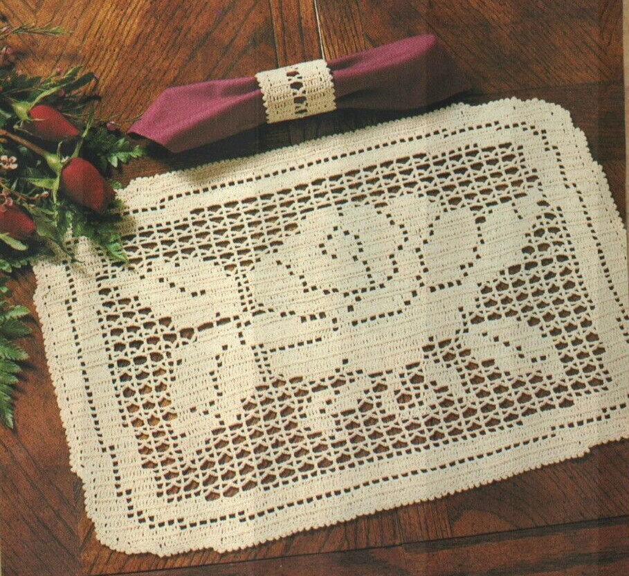 ROSE TABLE SET PLACE MAT & NAPKIN RING DIGEST SIZE CROCHET PATTERN INSTRUCTIONS