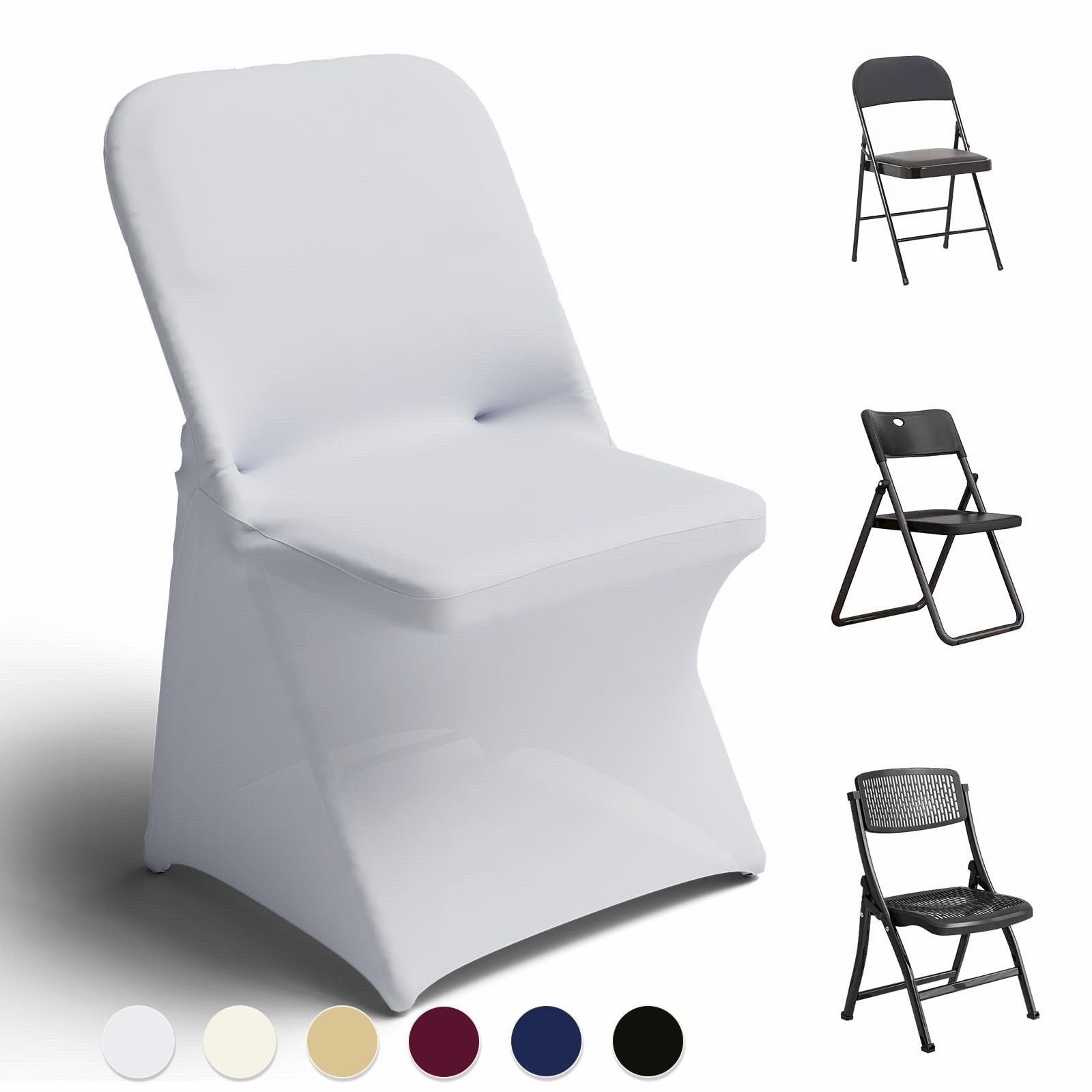 White Stretch Fabric Slipcover for Universal Folding Chairs, Modern Solid