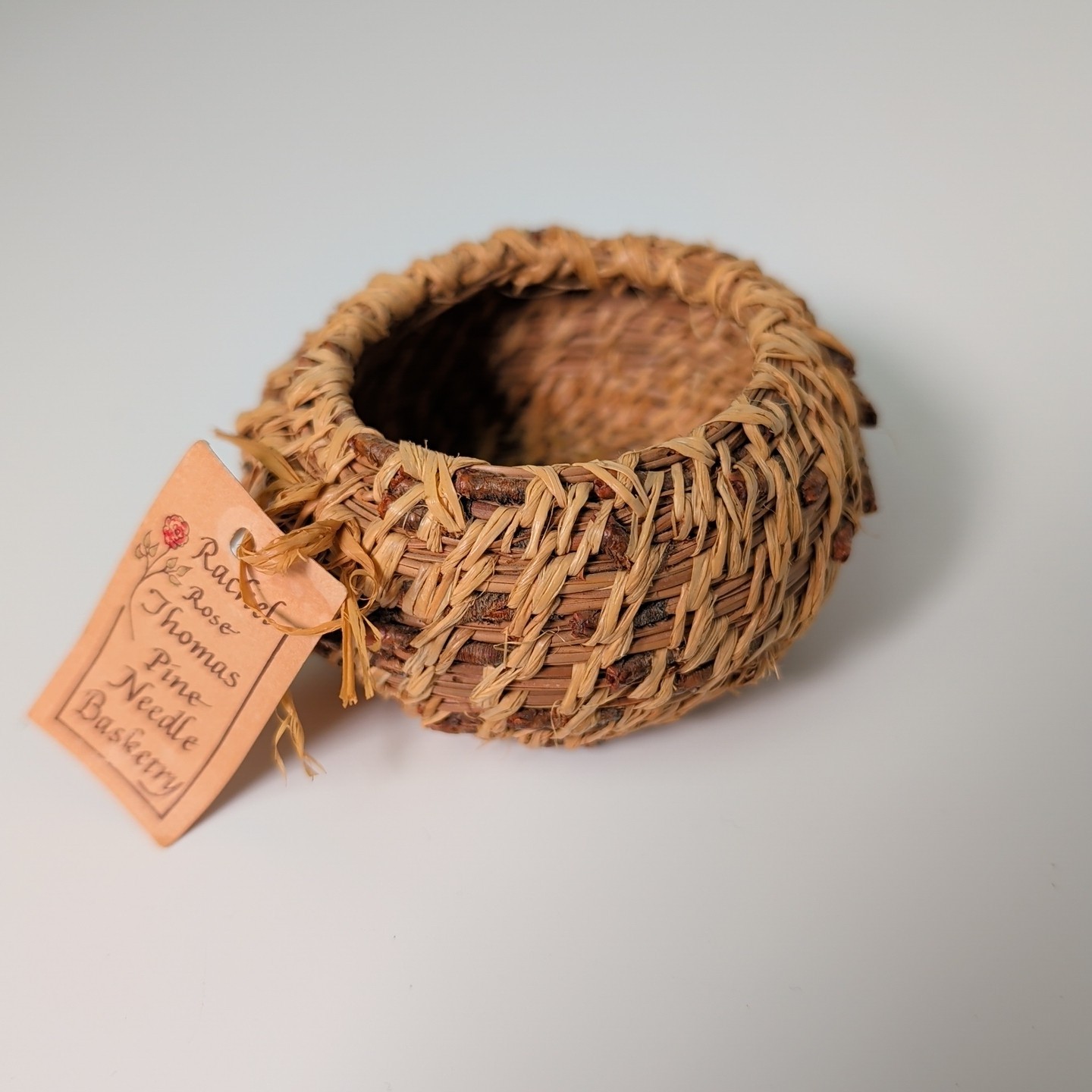 Pine Needle Small Basket Bowl with Coiled Design with Artist Tag Handmade Vtg