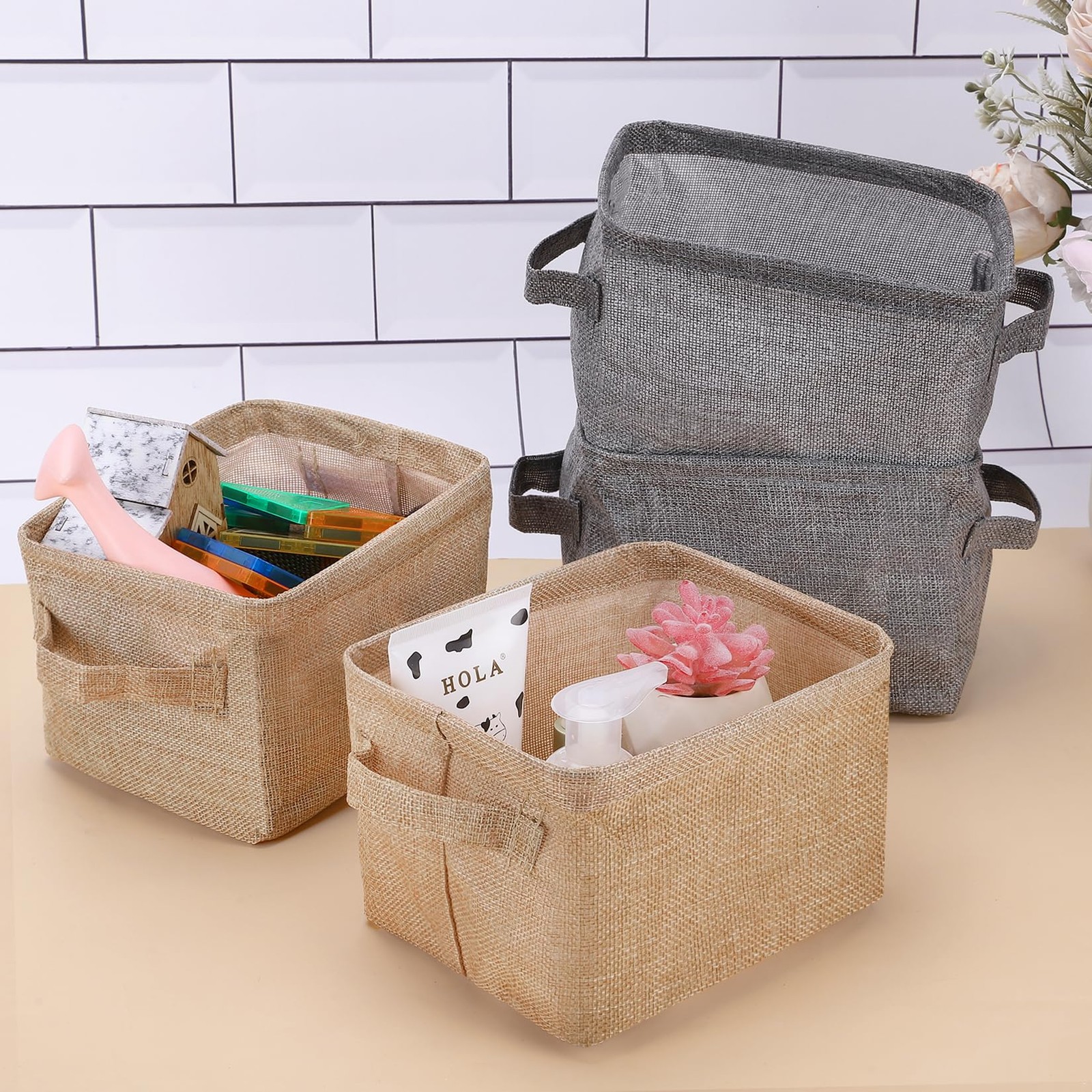 AARAINBOW Storage Basket Bins Canvas Mini Cubes 3 Jute
