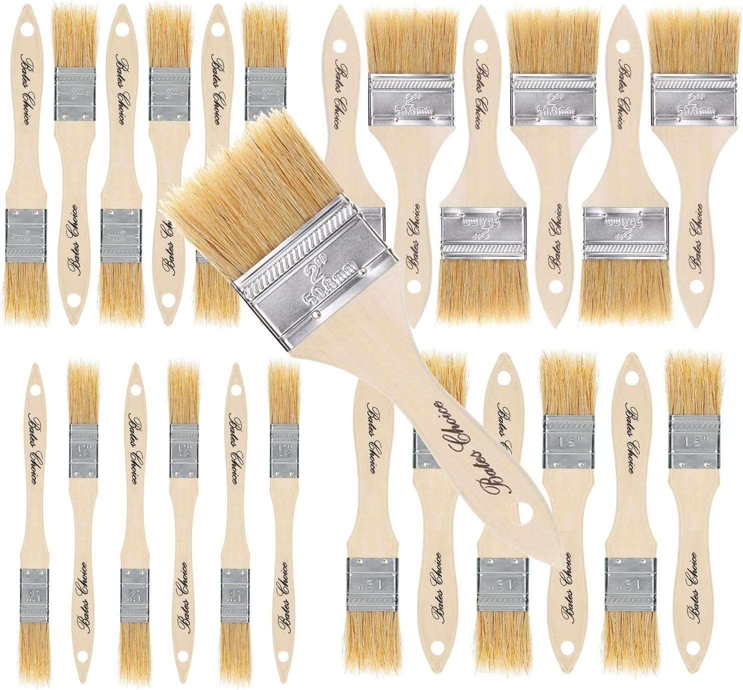 Natural Bristle Brush Set - Assorted Sizes, 24 Pack, Chip Brushes for Paint,Wood