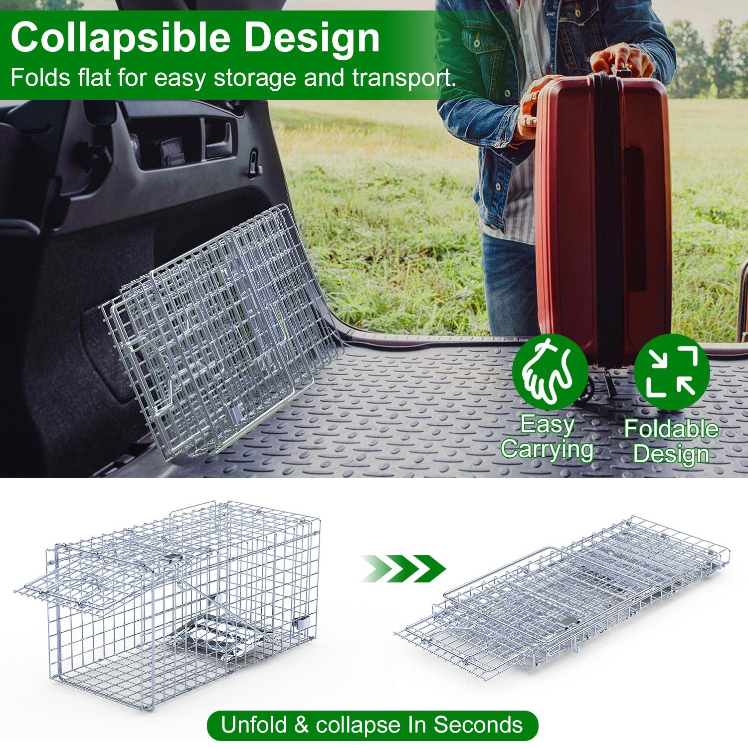 2Pcs 18in Humane Cage Live Animal Single Door Trap for Yard Garden Animal Cage