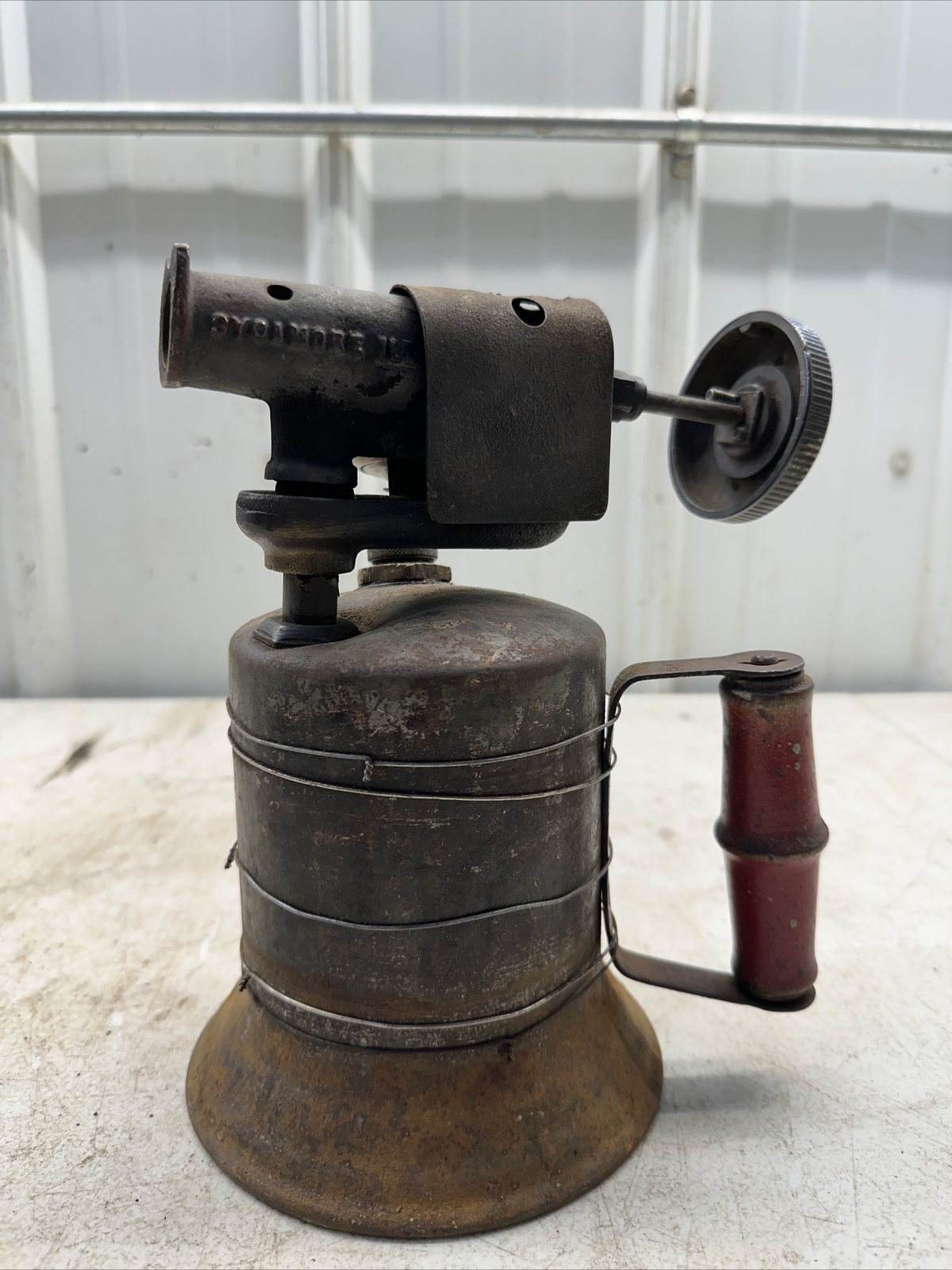 Vintage Turner Brass Works Blow Torch with Wood Wooden Handle Sycamore IL