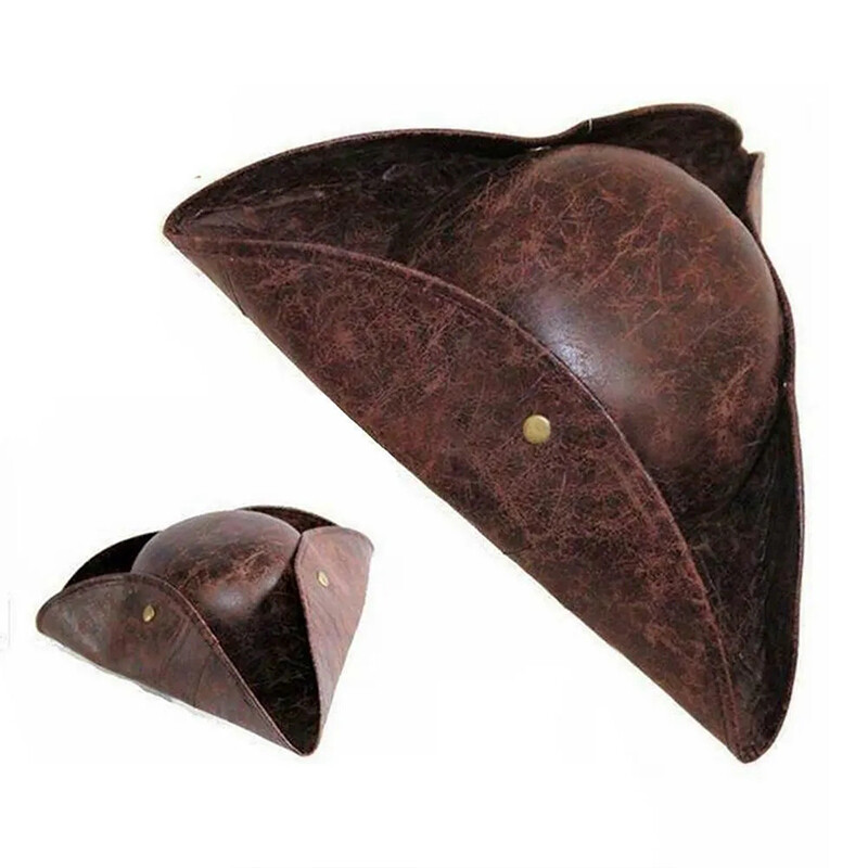 Adult Brown Pirate Tricorne Hat Tri-Corner Faux Leather Captain Cowboy Cap