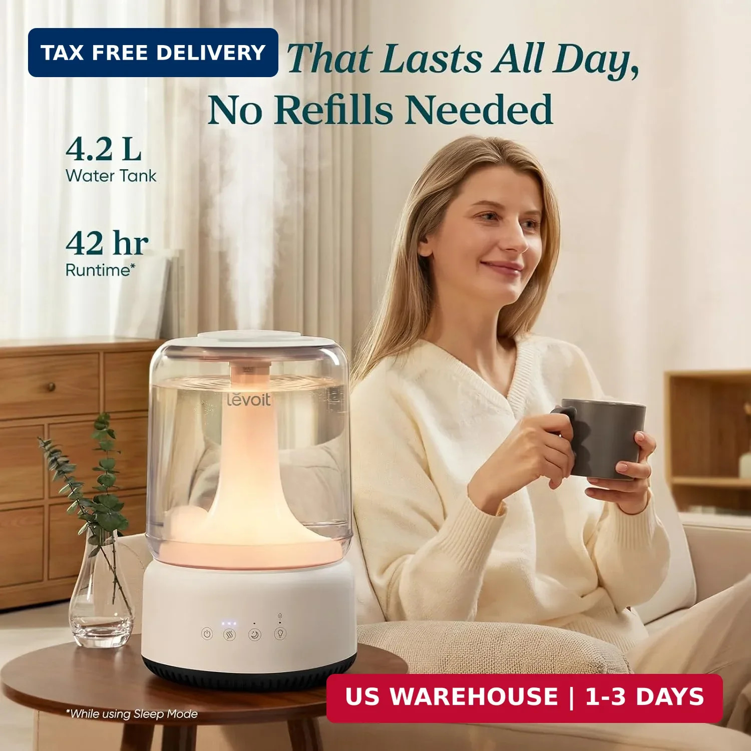 LEVOIT Humidifiers for Bedroom, 4.2L Top Fill for Large Room with 42H Runtime, D
