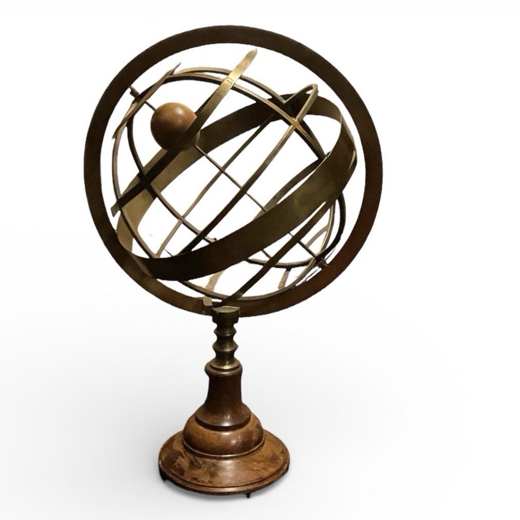 Large VTG Brass Wood Armillary Sphere Globe 20” Celestial Sculpture Library