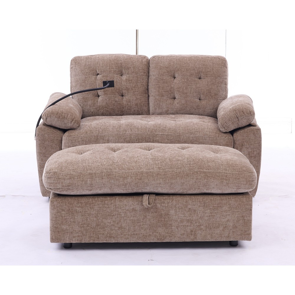 Double Sofa Recliner w/ Adjustable Backrest, USB Port, Ottoman - Brown