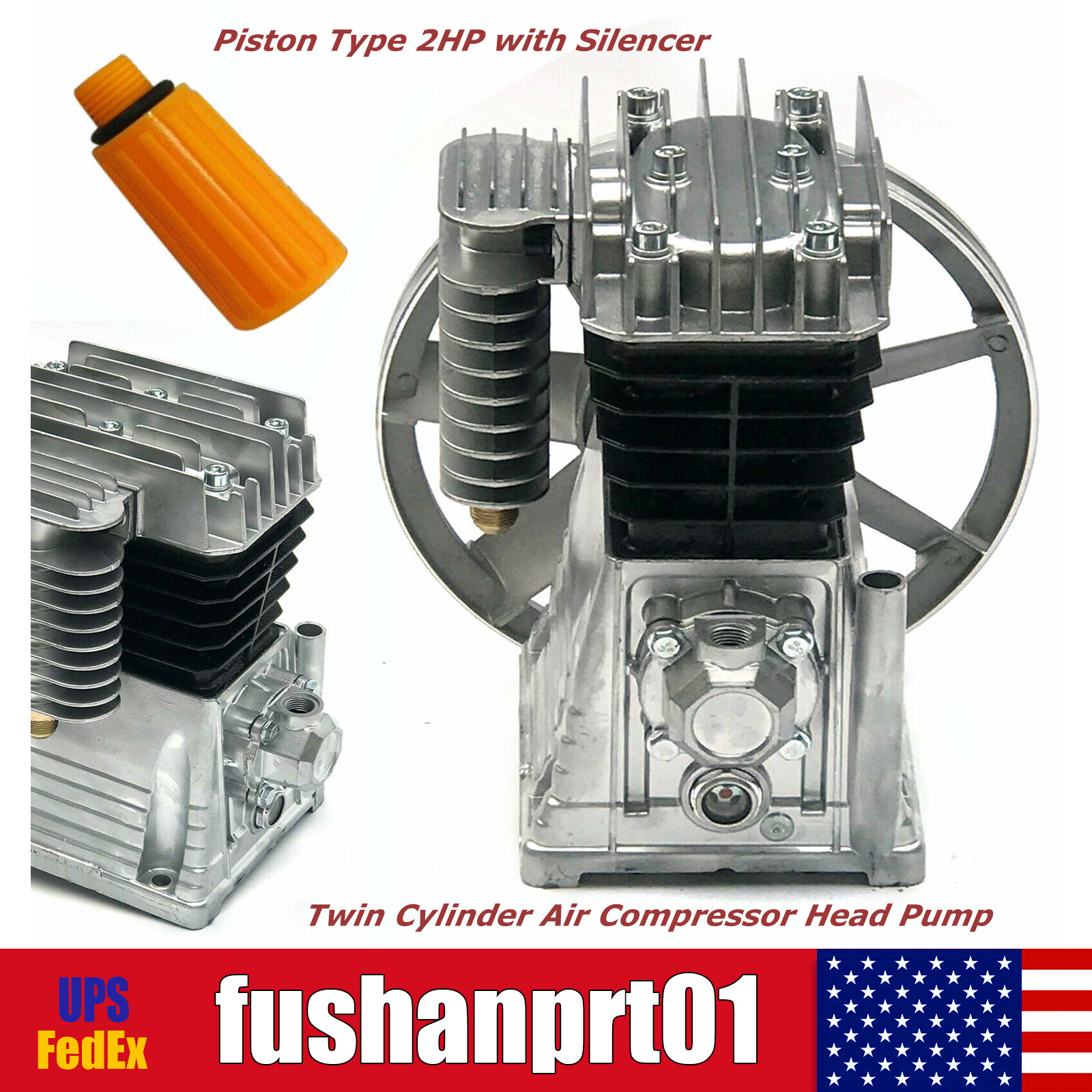 Aluminum Air Compressor Pump Twin Cylinder Oil Lubricated Belt Drive w/ Silencer