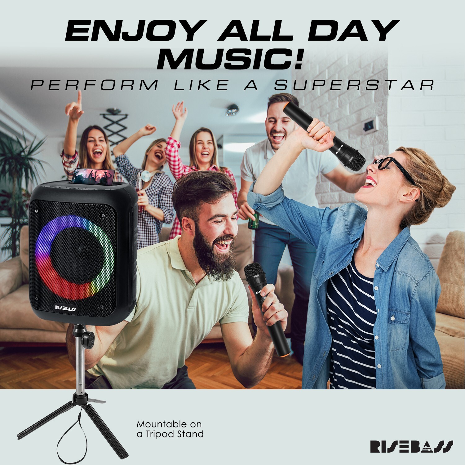 Risebass Portable Karaoke Machine with 2 Wireless Microphones Bluetooth Record