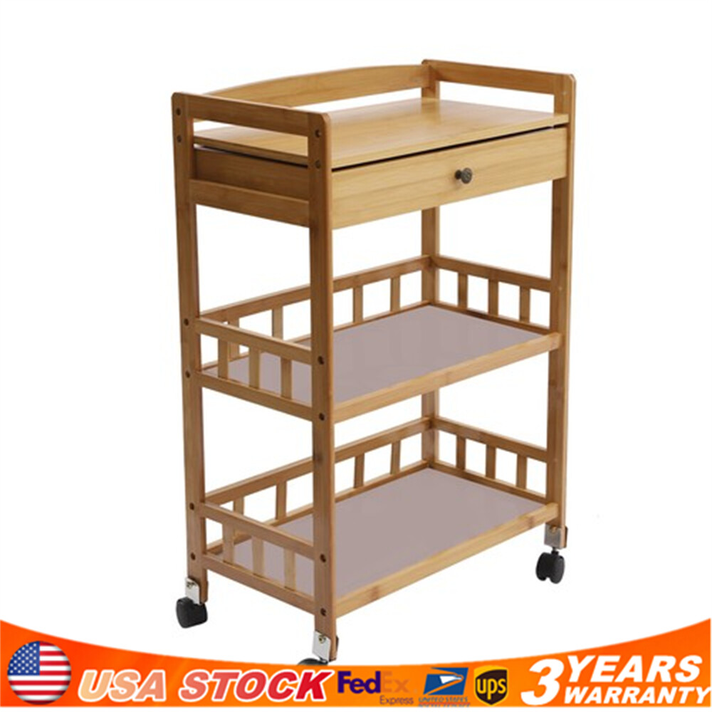 Kitchen Mobile Rolling Serving Cart Storage 3 Tiers Standing Wood Color