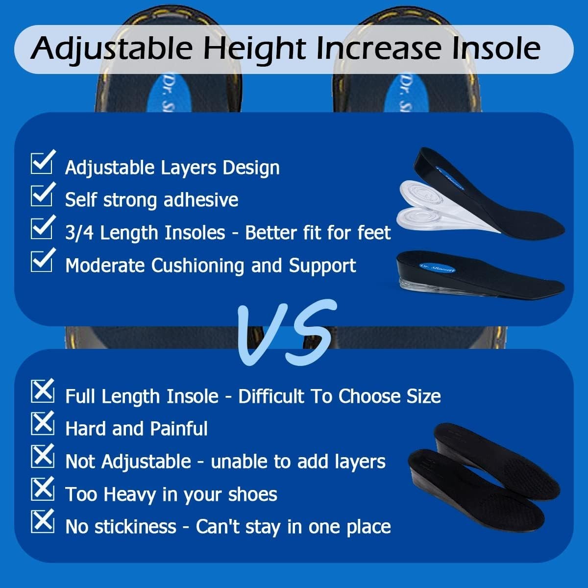 Dr. Shoesert 3-Layer Adjustable Height Increase Insoles, 3/4 Length Shock Abs...