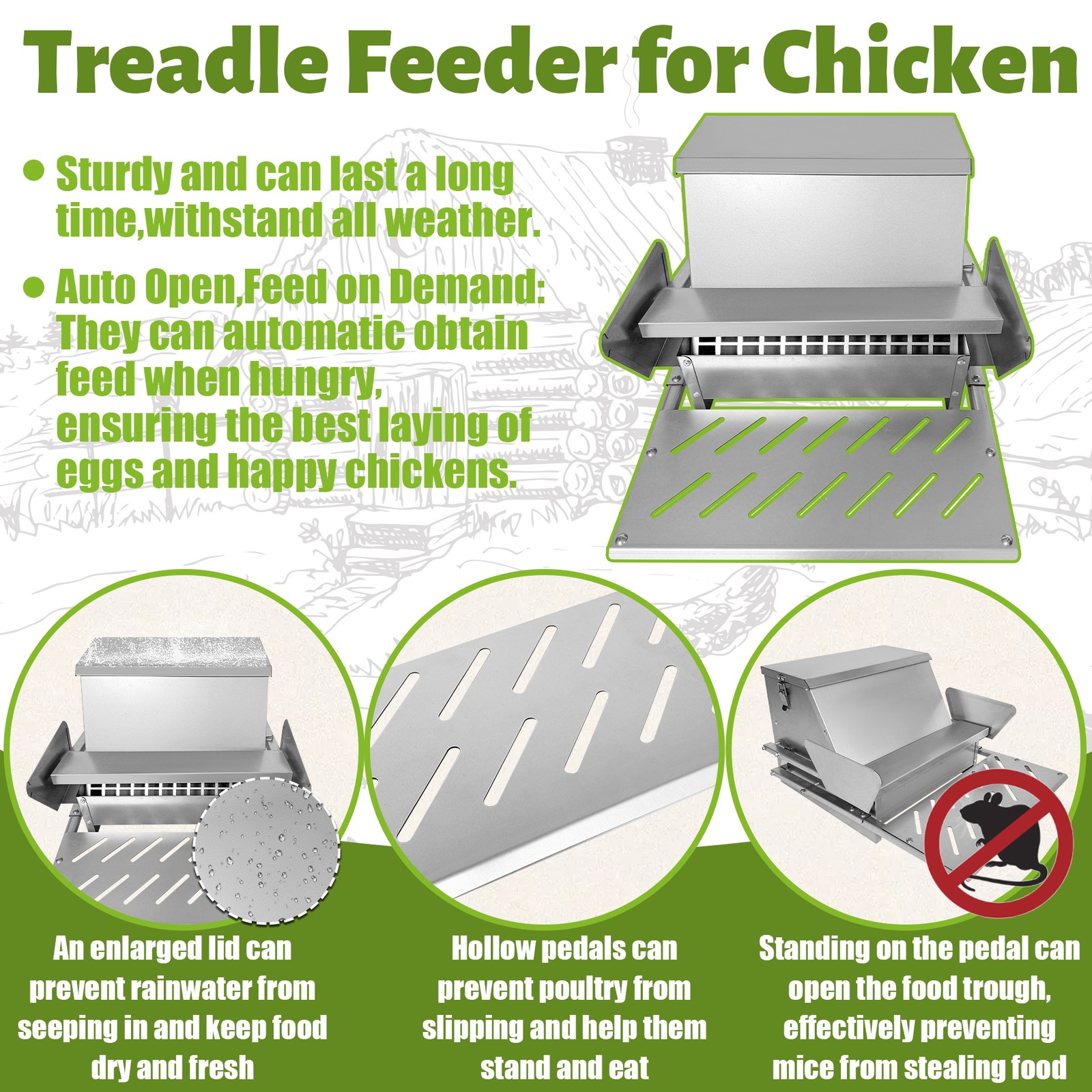 Galvanized Steel Automatic Chicken Feeder Weatherproof 20lb Feed Container