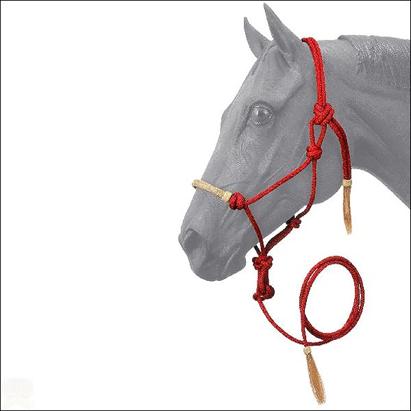 New TOUGH-1 HORSE SIZE RAWHIDE NOSEBAND POLY NYLON ROPE HALTER W/ LEAD Red