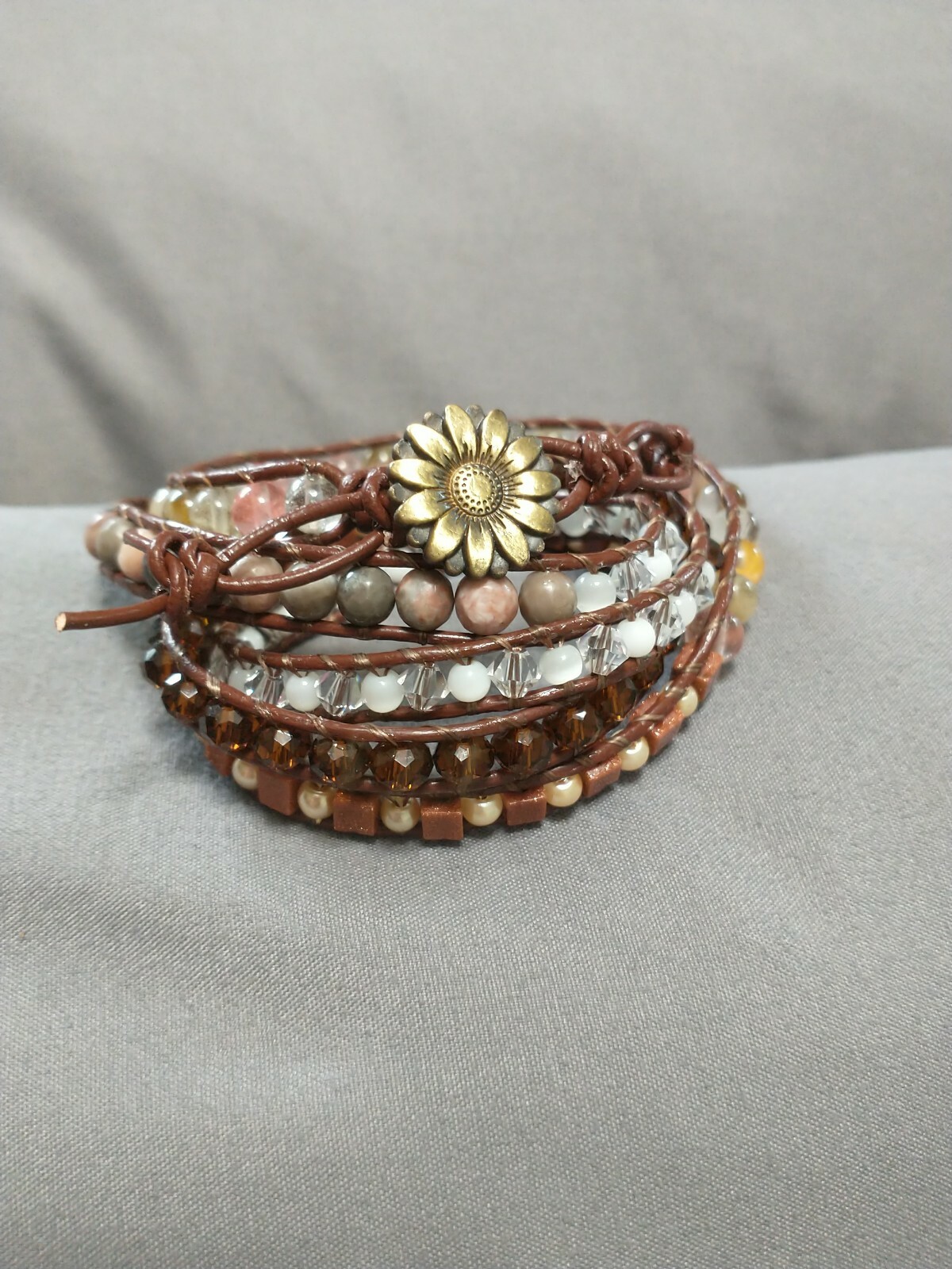 Beaded Leather 5x Wrap Bracelet, Handmade With Various Beads
