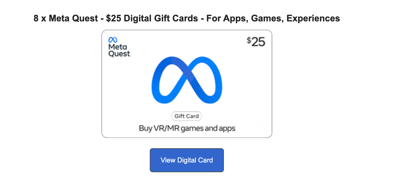 $200 Meta Quest Redeemable Gift Cards for VR/MR games and apps