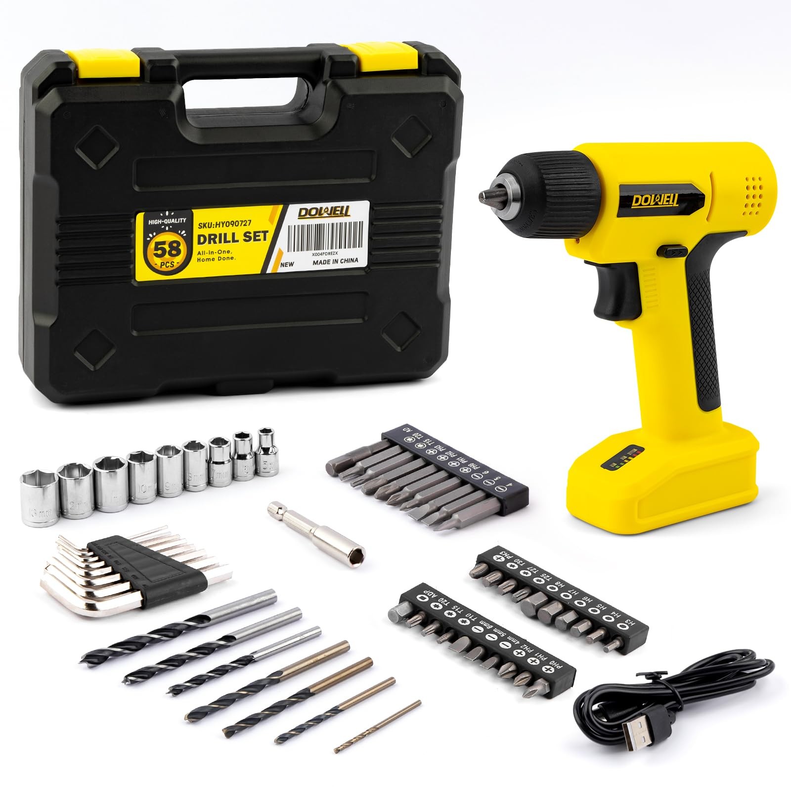 8V Cordless Drill Tool Set 58 PCS Builtin LED Variable Speed TypeC Yellow