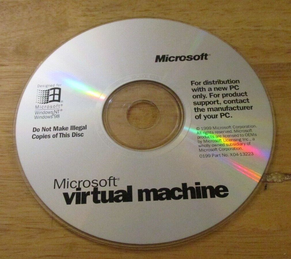 MICROSOFT VIRTUAL MACHINE - CD-ROM - 1999 - FOR WINDOWS NT & '98 - EUC - No Key