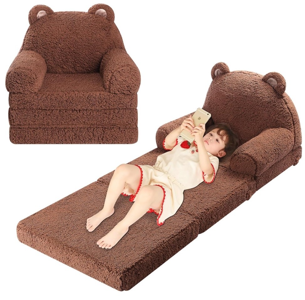 Foldable Kids Sofa, Sherpa Teddy Bear Toddler Couch with Tri Folding Foam, Small
