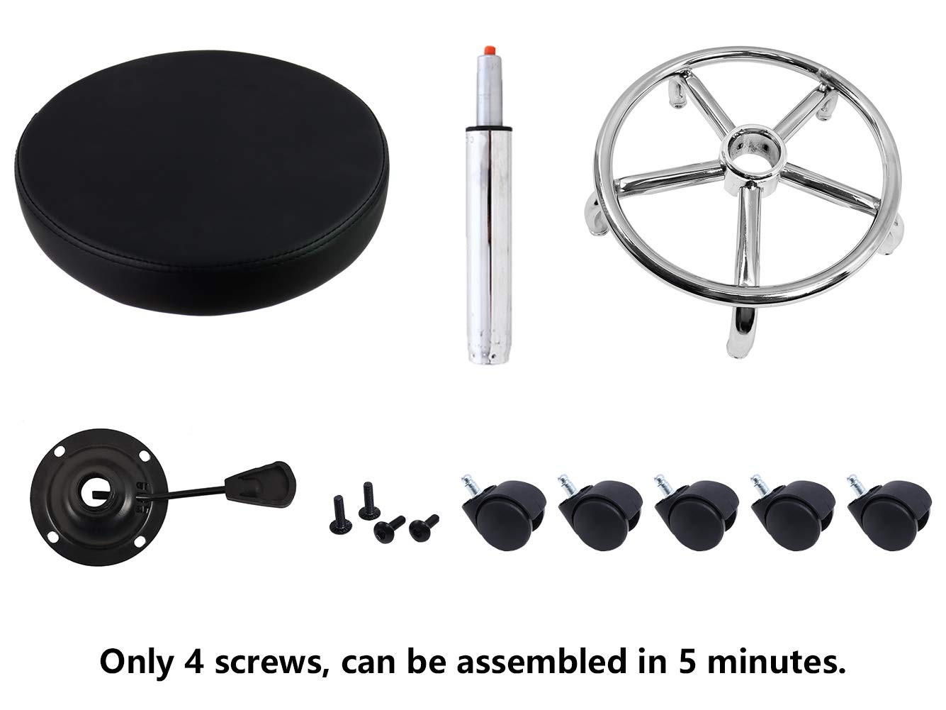 Leather Round Rolling Stool with Foot Rest Swivel Height Adjustment