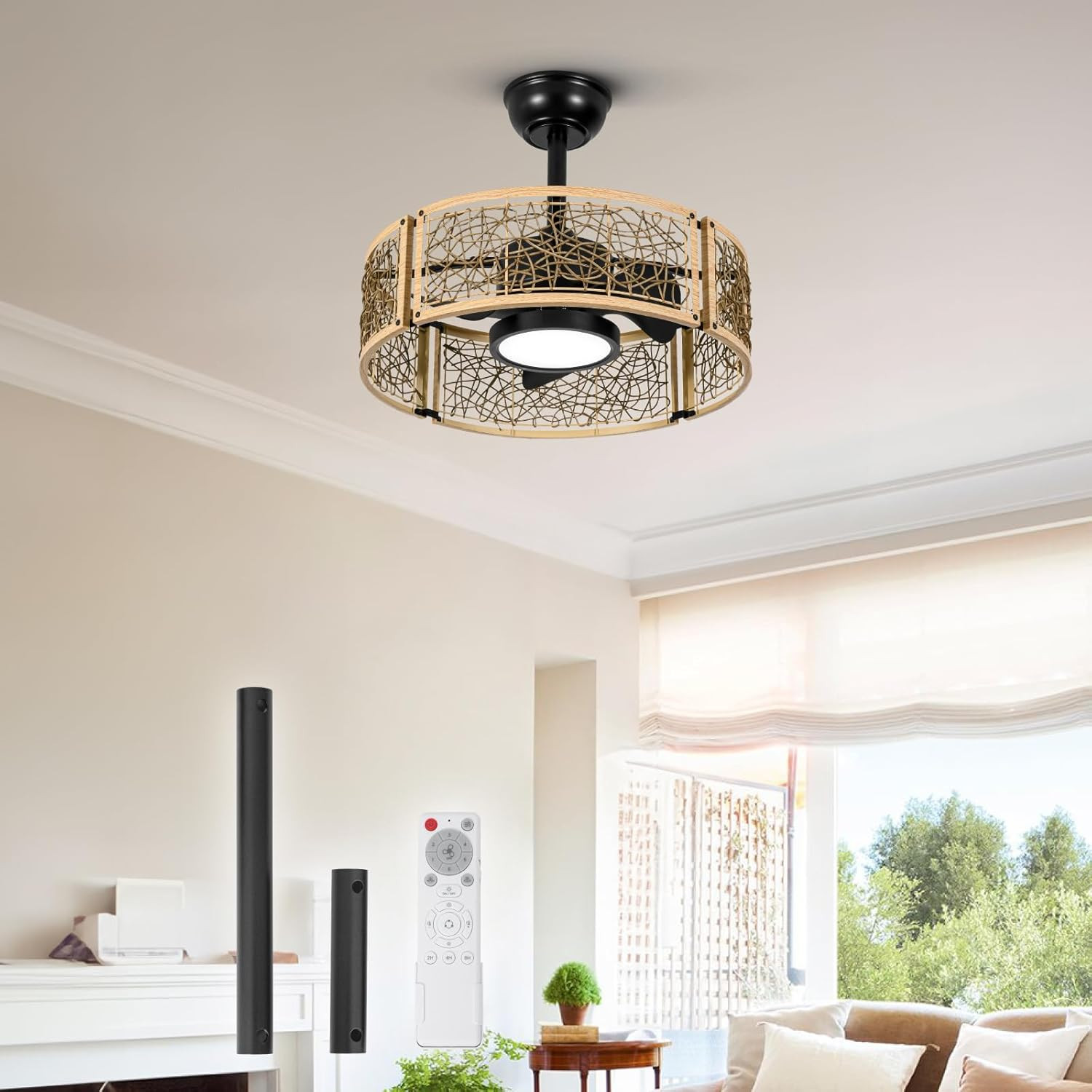 20" Oak Finish Caged Ceiling Fan with Dimmable LED Lights & Remote Control