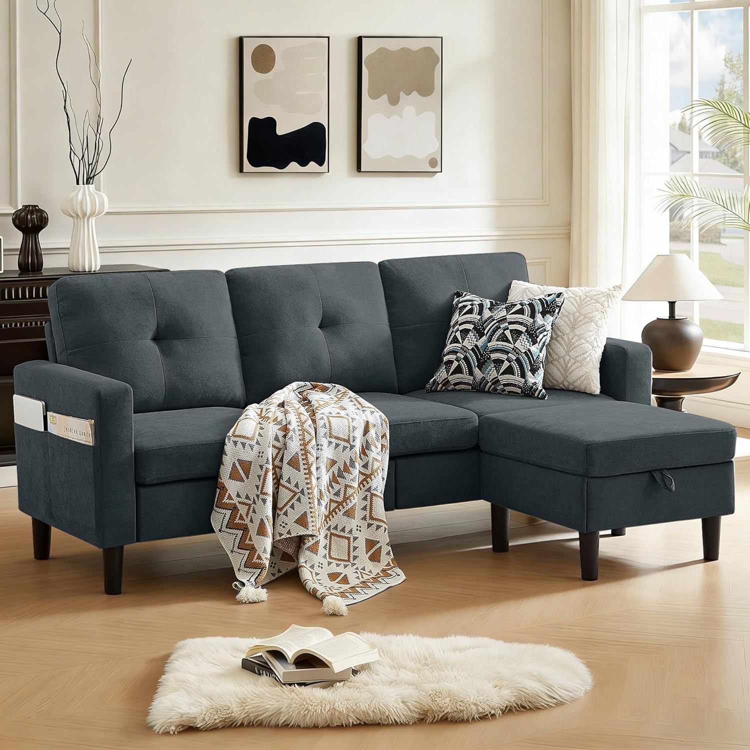 80" Convertible Sectional Sofa Couch with Movable Ottoman, 3 Seats Sectional