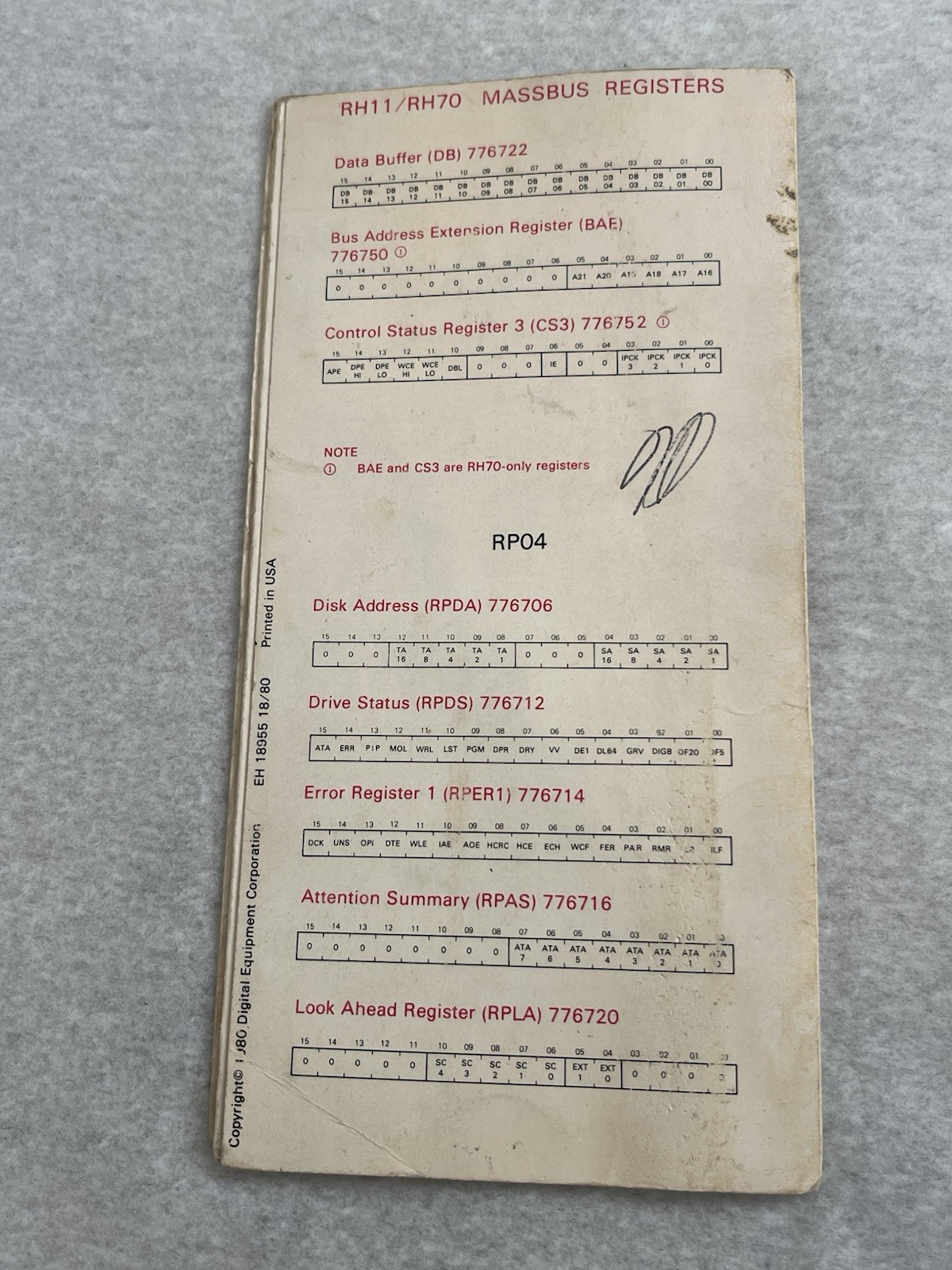 DEC PDP 11 DecDisk SubSystem Register Quick Reference Card EH 18955 18/80